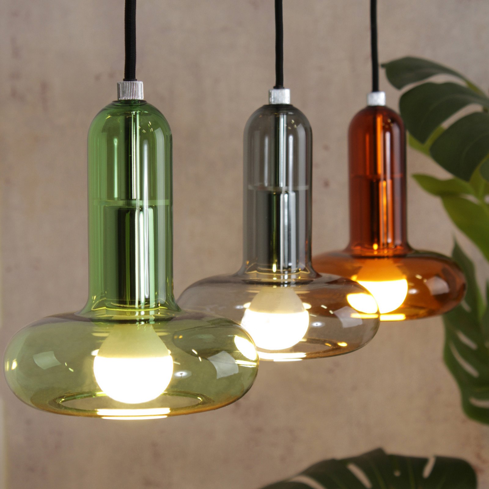 Eco-Light Suspensie Perseus colorată lungime 65 cm cu 3 lumini din sticlă - Camera de zi / sufragerie - Vintage - verde gri fumuriu chihlimbar