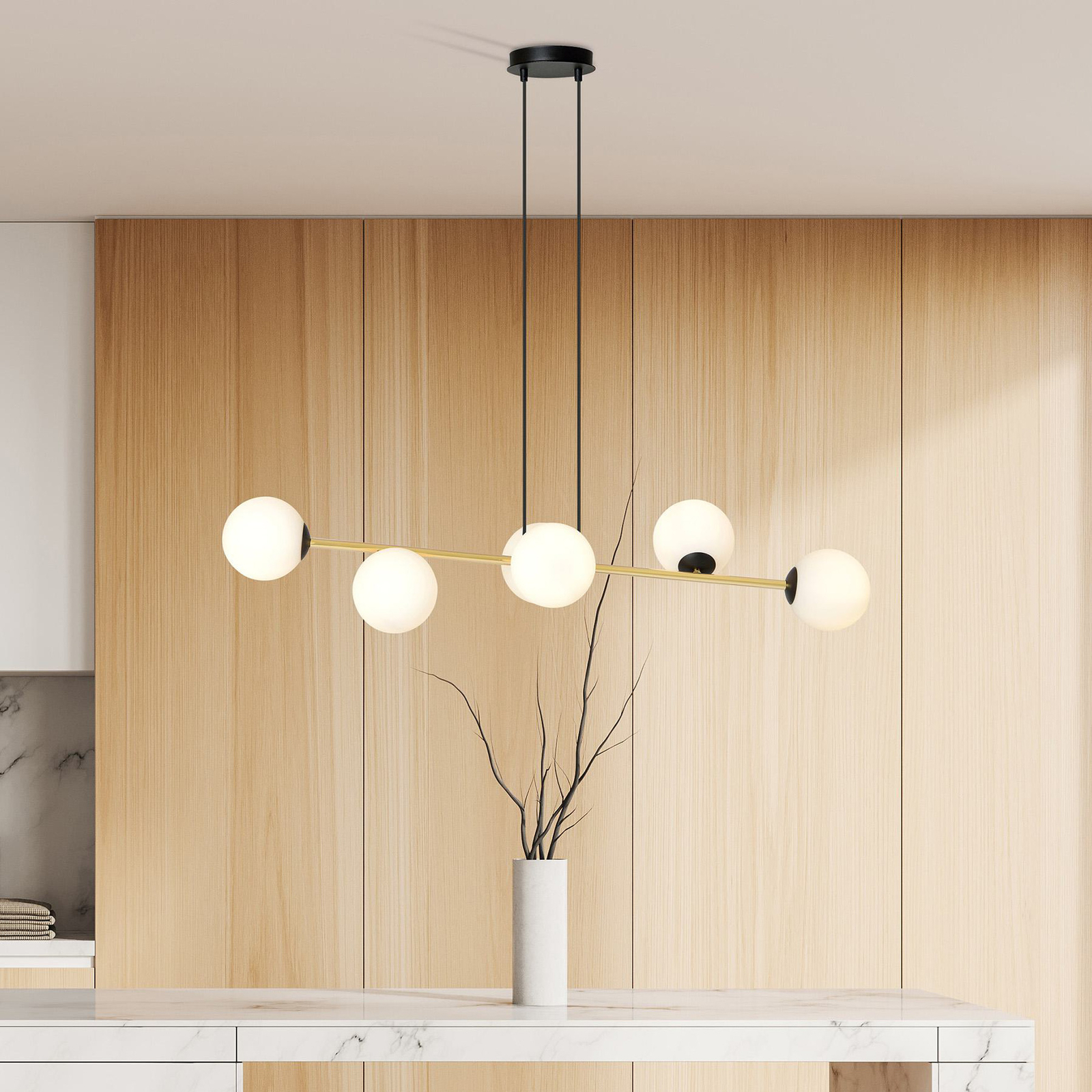 Gravity pendant light, opal white/gold/black, glass, E14