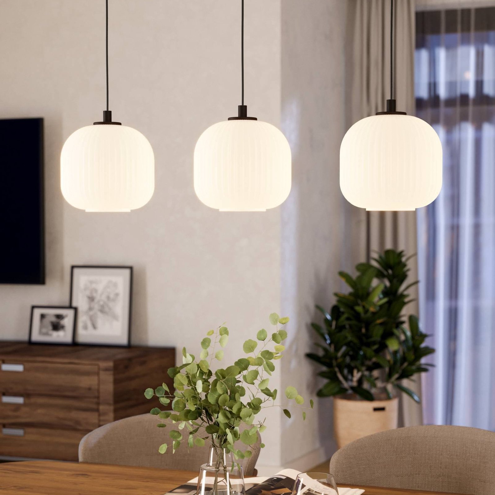 Mantunalle hanglamp, lengte 120 cm, zwart/wit, 3-lamps.