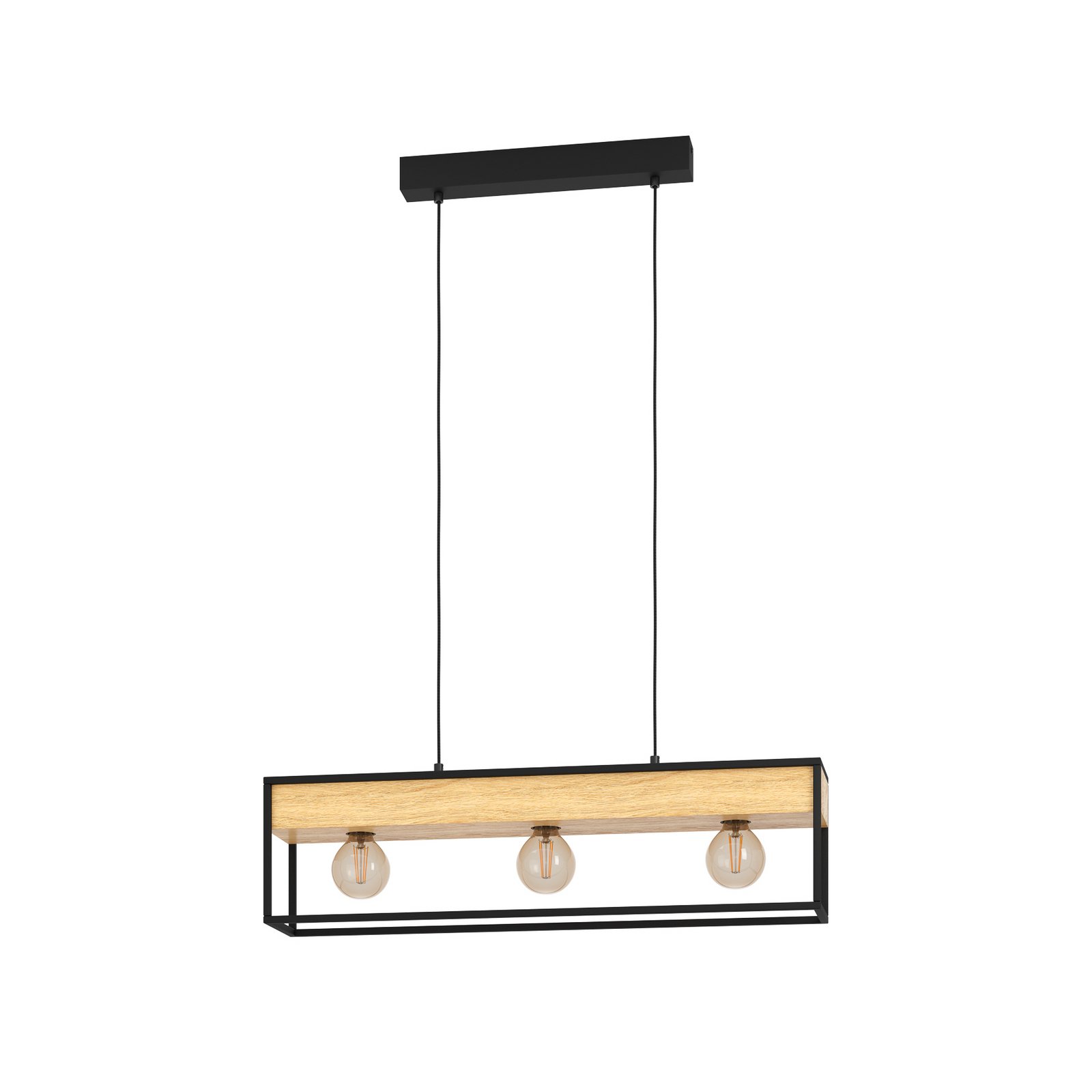 Hanglamp Libertad 1, lengte 76 cm, zwart/hout, 3-lamps.