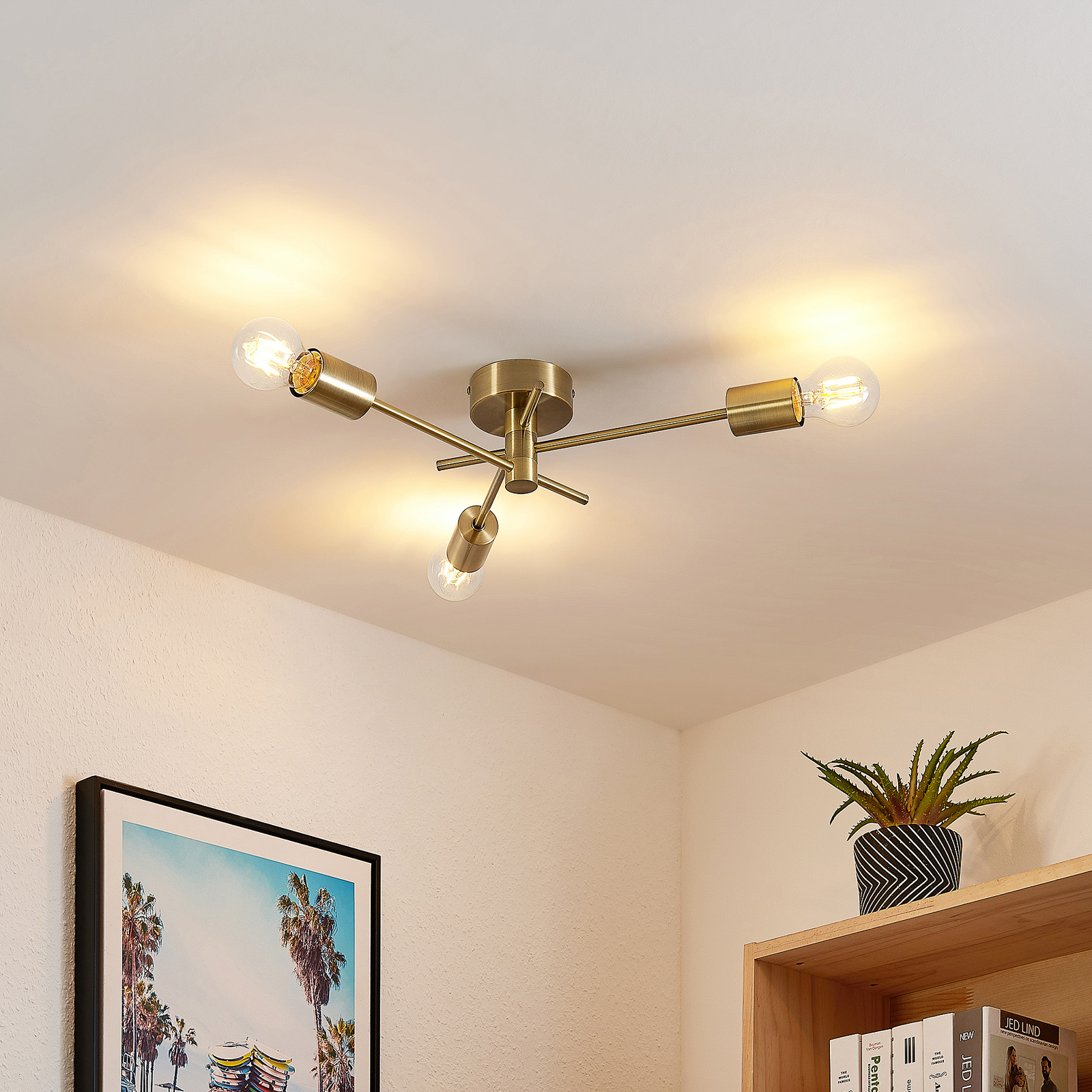 Lindby Cerros ceiling lamp 3-bulb, brass