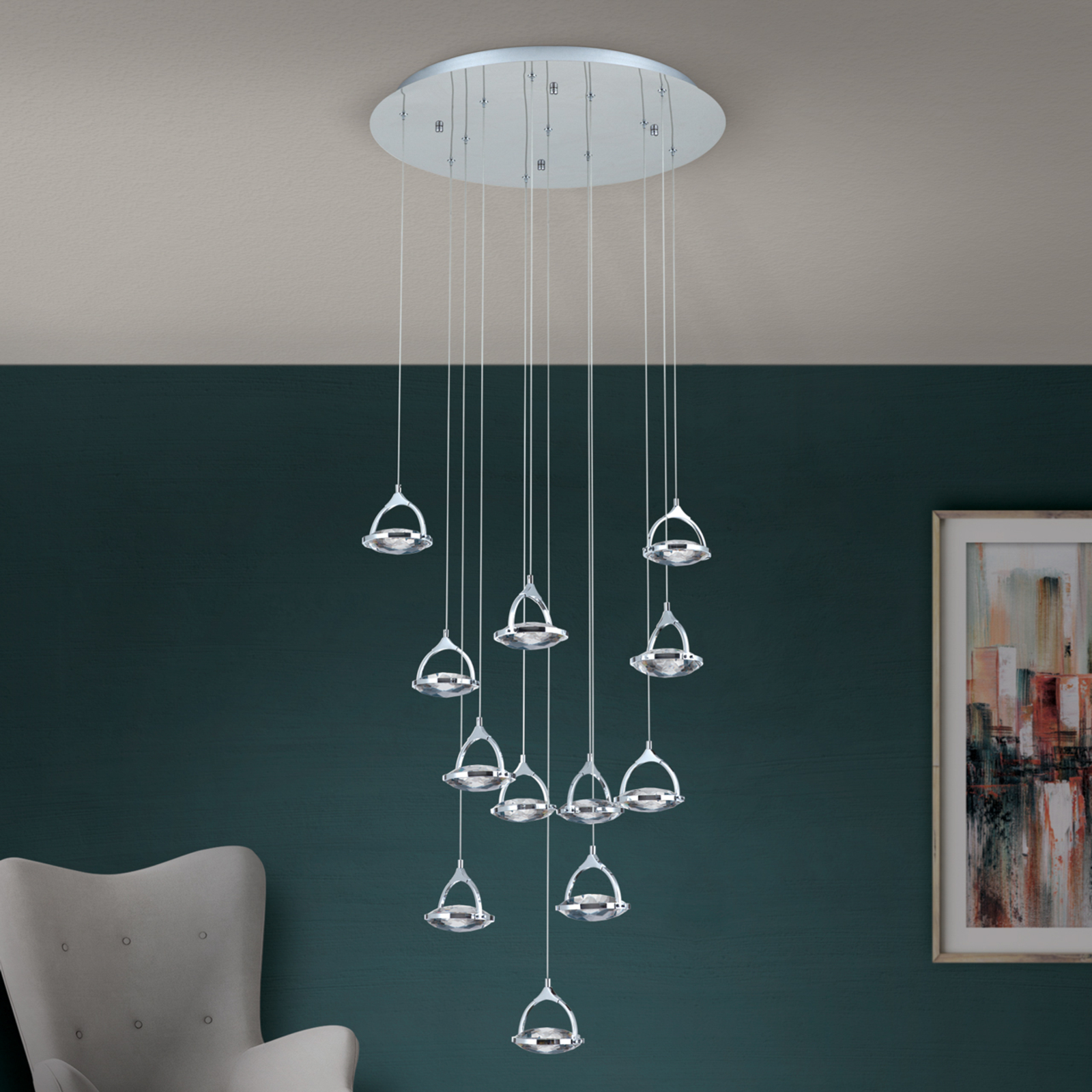 LED hanglamp Moon, K9-kristalglas, 12-lamps chroom