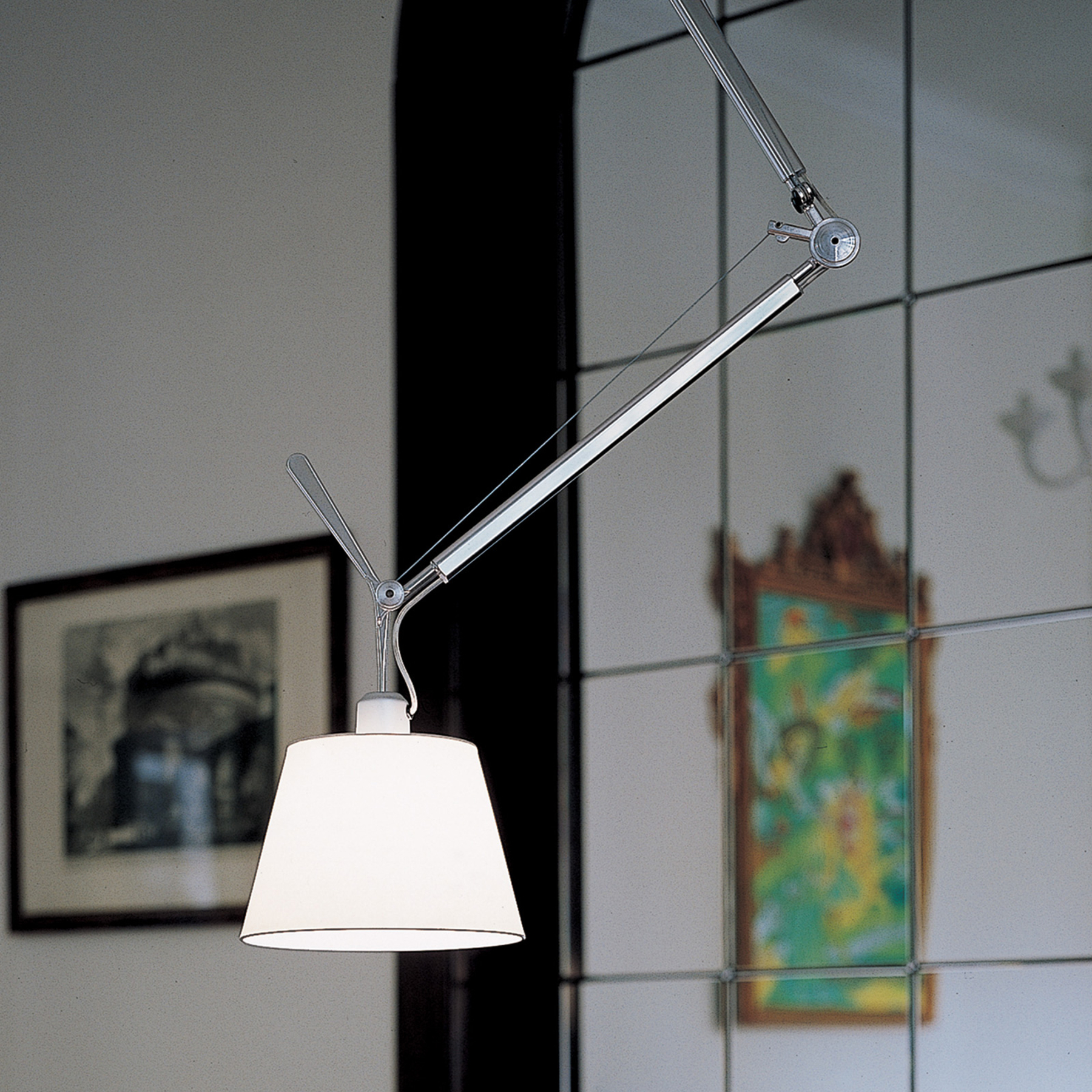 Artemide Tolomeo hanging light, parchment, for Living / Dining Room, aluminium, parchment paper, E27, 150 W, energy efficiency: A++