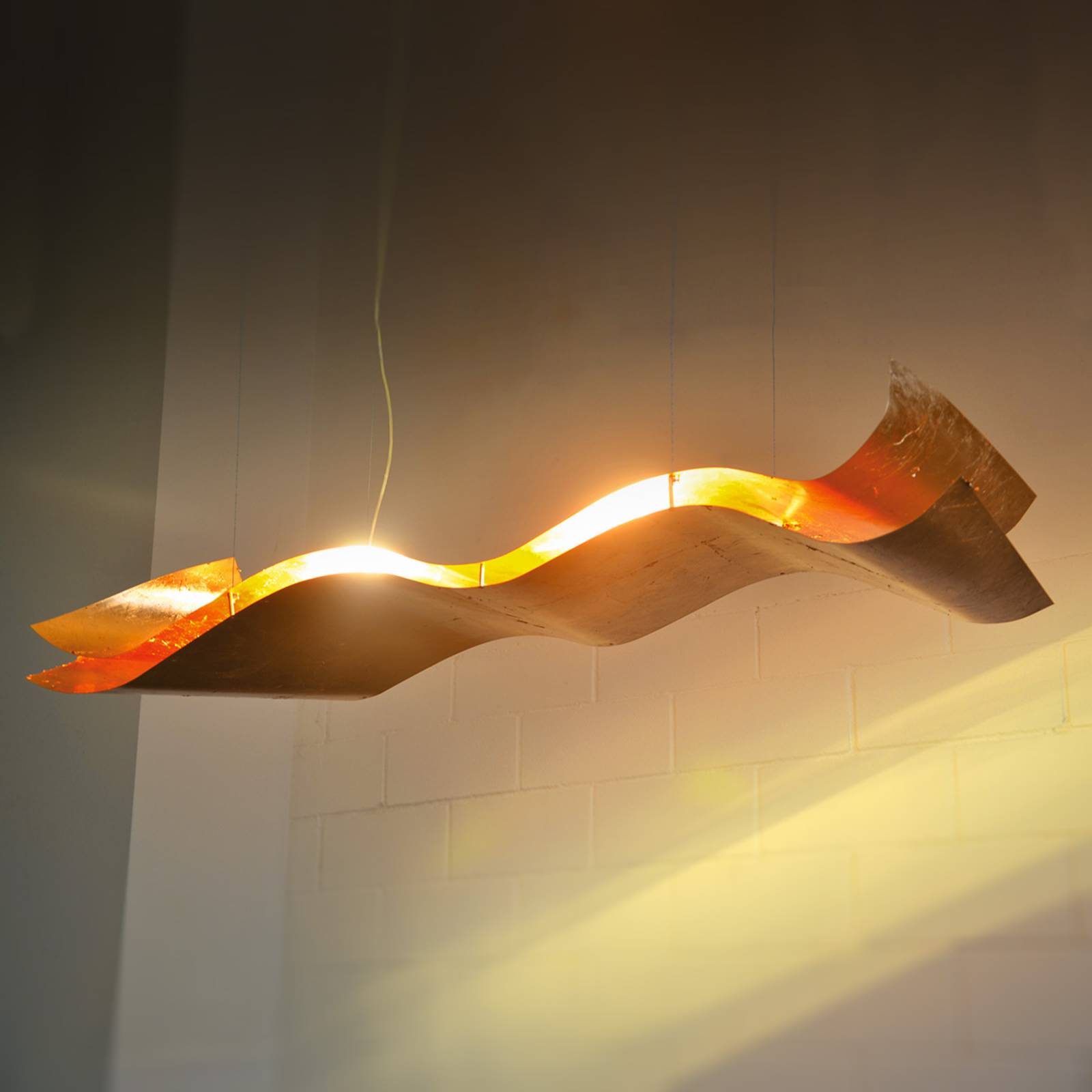 Knikerboker A Tempo Perso - gold leaf hanging lamp, for Living / Dining Room, aluminium, gold leaf, 10 W, energy efficiency: A+, L: 100 cm, W: 20 cm