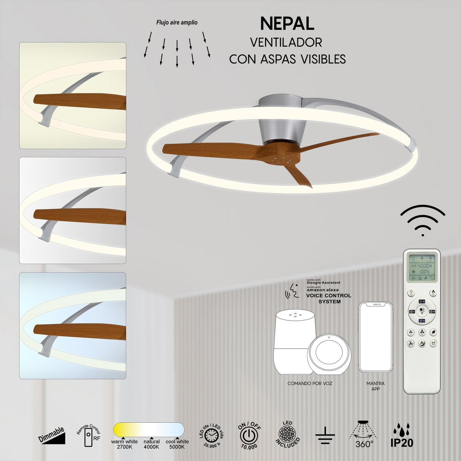 Smart LED plafondventilator Nepal, zilver/notenhout, DC, stil
