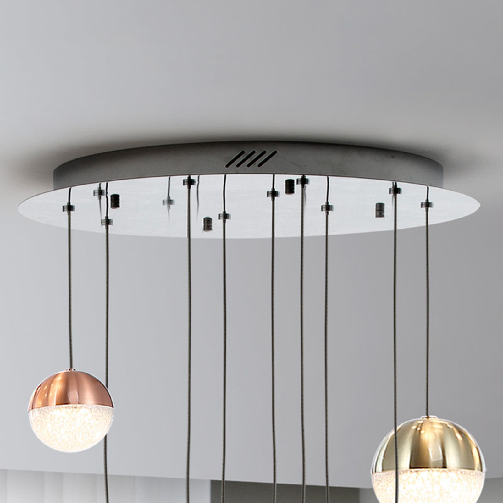Sphere LED hanging light, multicoloured 9-bulb app