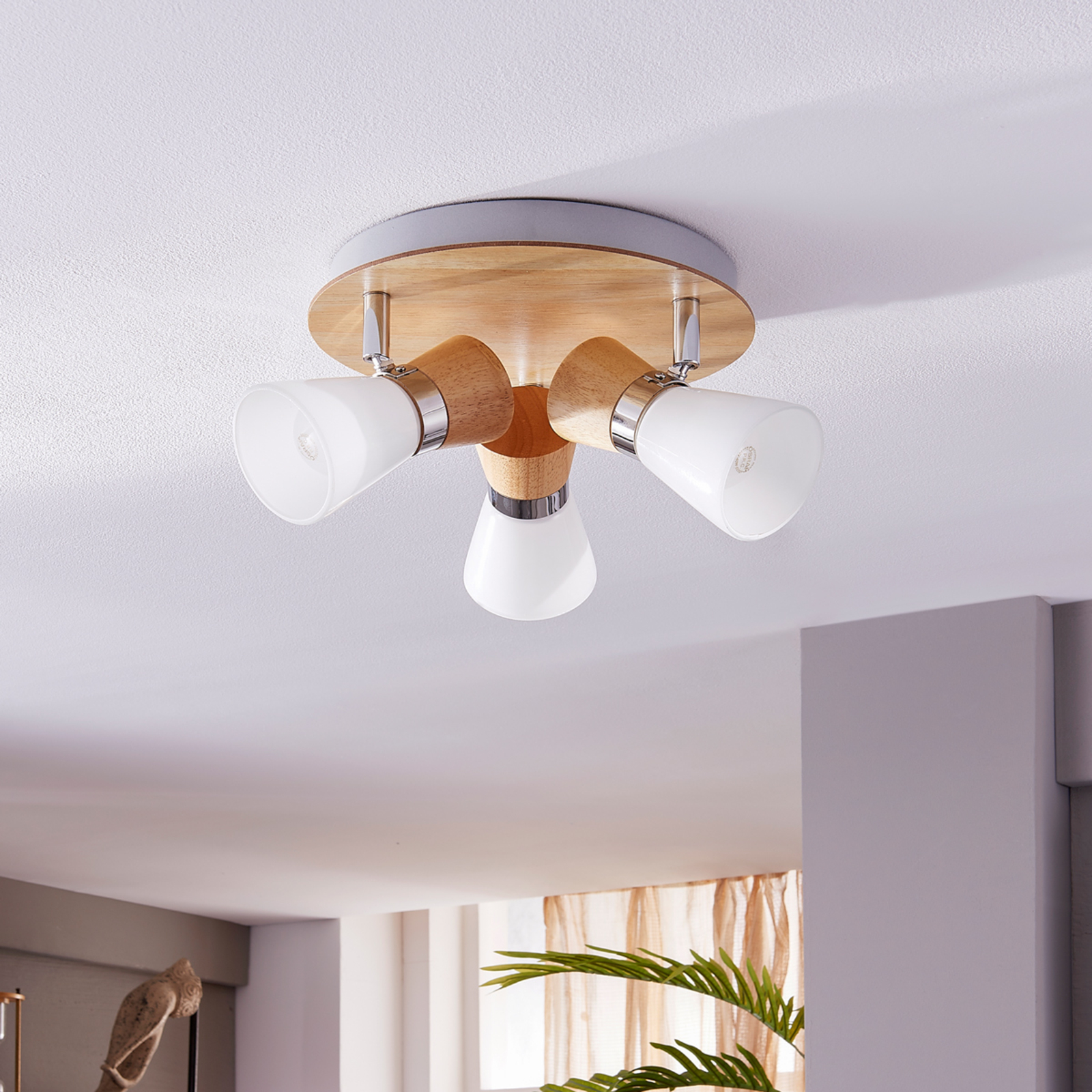 Lindby Circular ceiling spotlight Vivica, wooden elements, for Living / Dining Room, glass, wood, metal, E14, 40 W, energy efficiency: A++, H: 16 cm