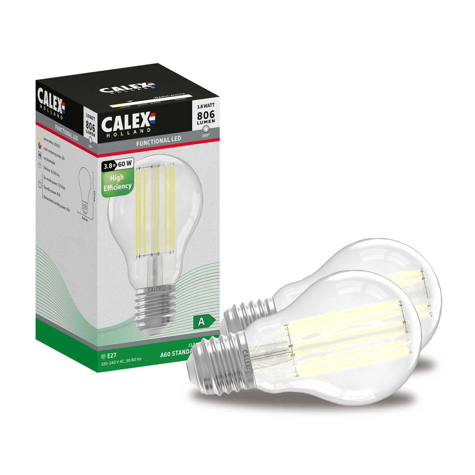 Calex E27 A60 LED 3,8W 806lm Filament 3.000K 2er | Lampenwelt.de