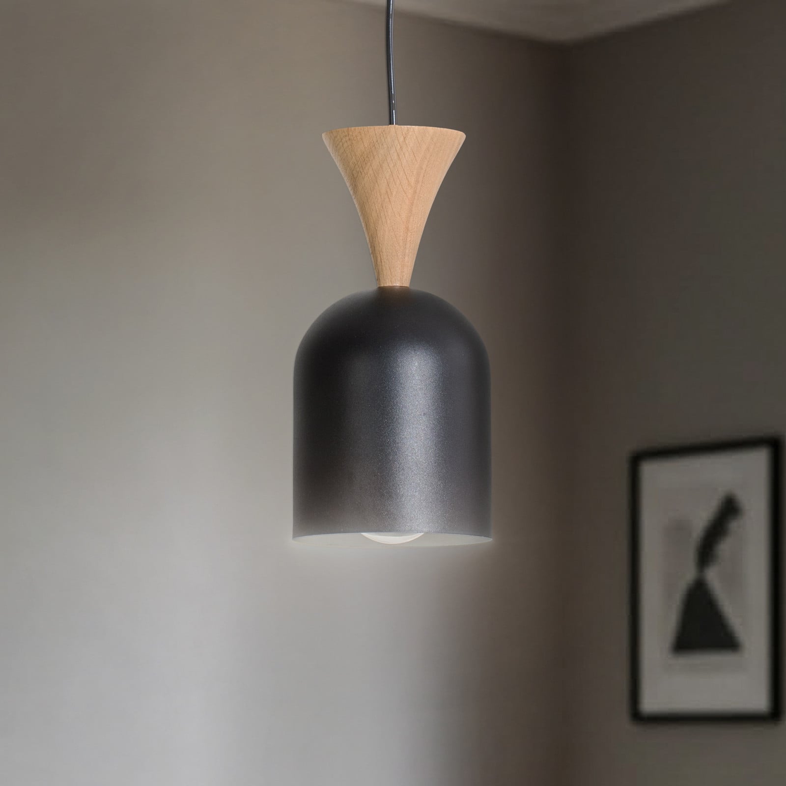 Lamkur Lampă suspendată Nolan Ø 11 cm negru/stejar metal/lemn - Camera de zi / sufragerie - Scandinavă - Negru stejar