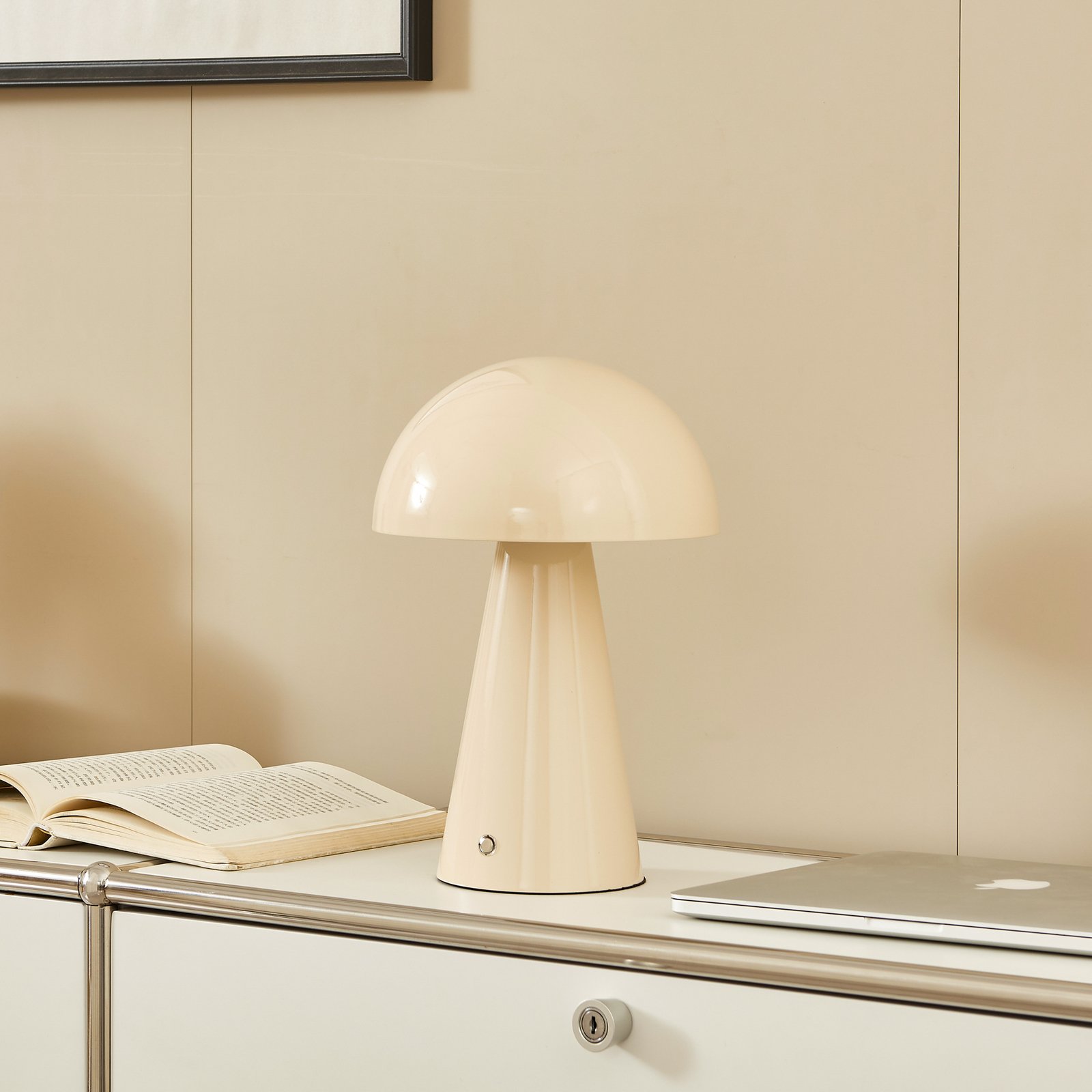 Lindby Lampada da tavolo ricaricabile a LED Nevijo, beige, Ø20cm, USB,