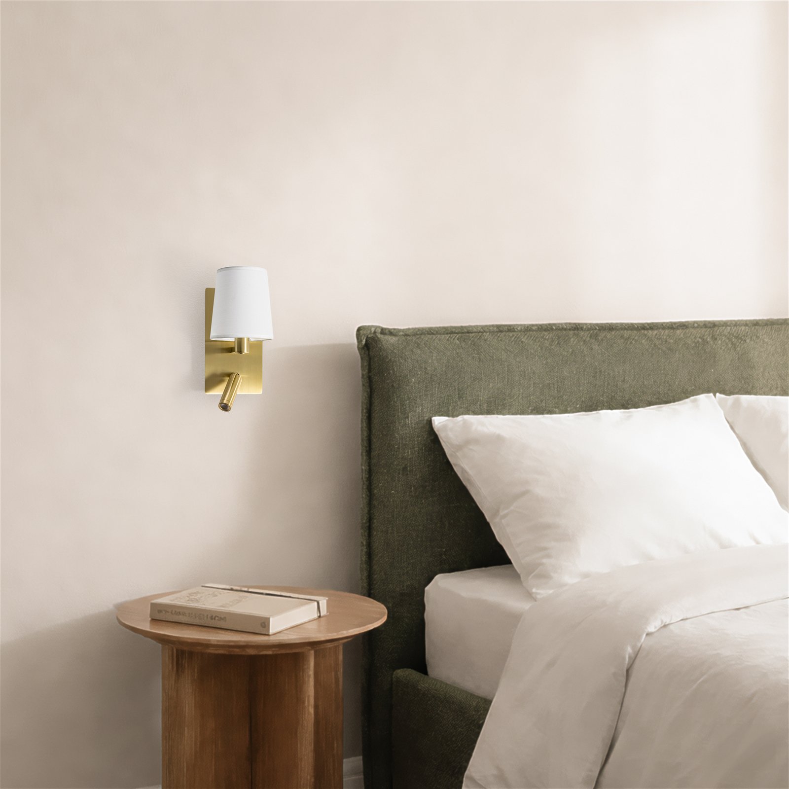 Lindby vegglampe Aiden, hvit, messing, LED-leselampe