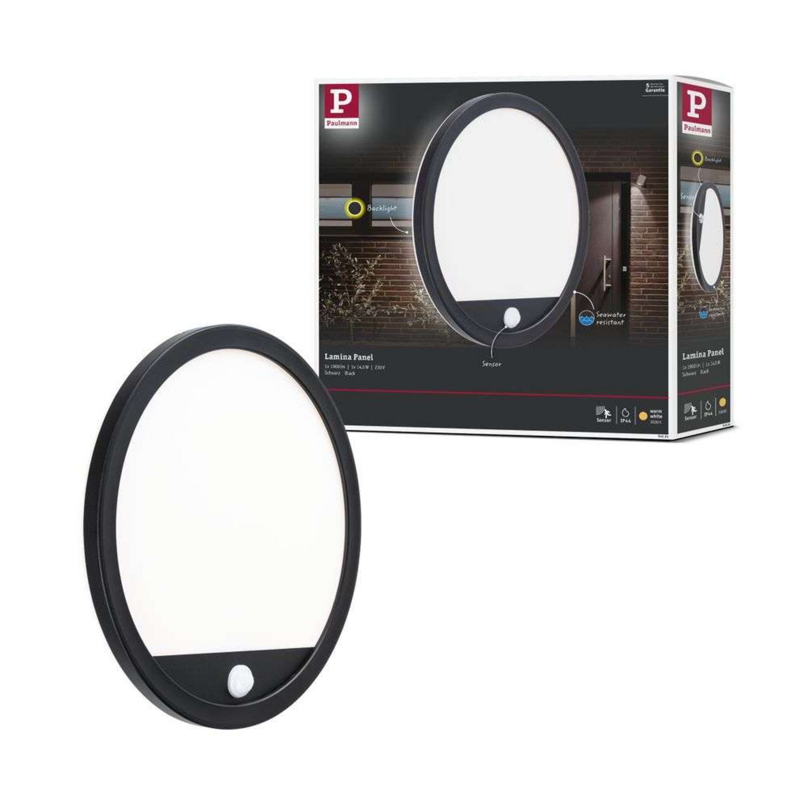 Lamina Aplică de Perete/Plafonieră de Exterior w/Sensor Round SWR Negru - Paulma