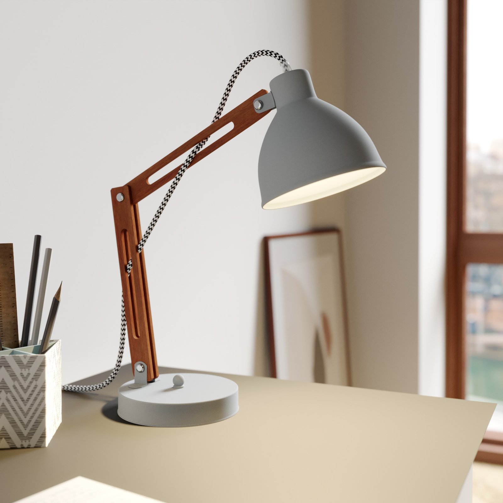 Lámpara de mesa Skansen, ajustable, gris
