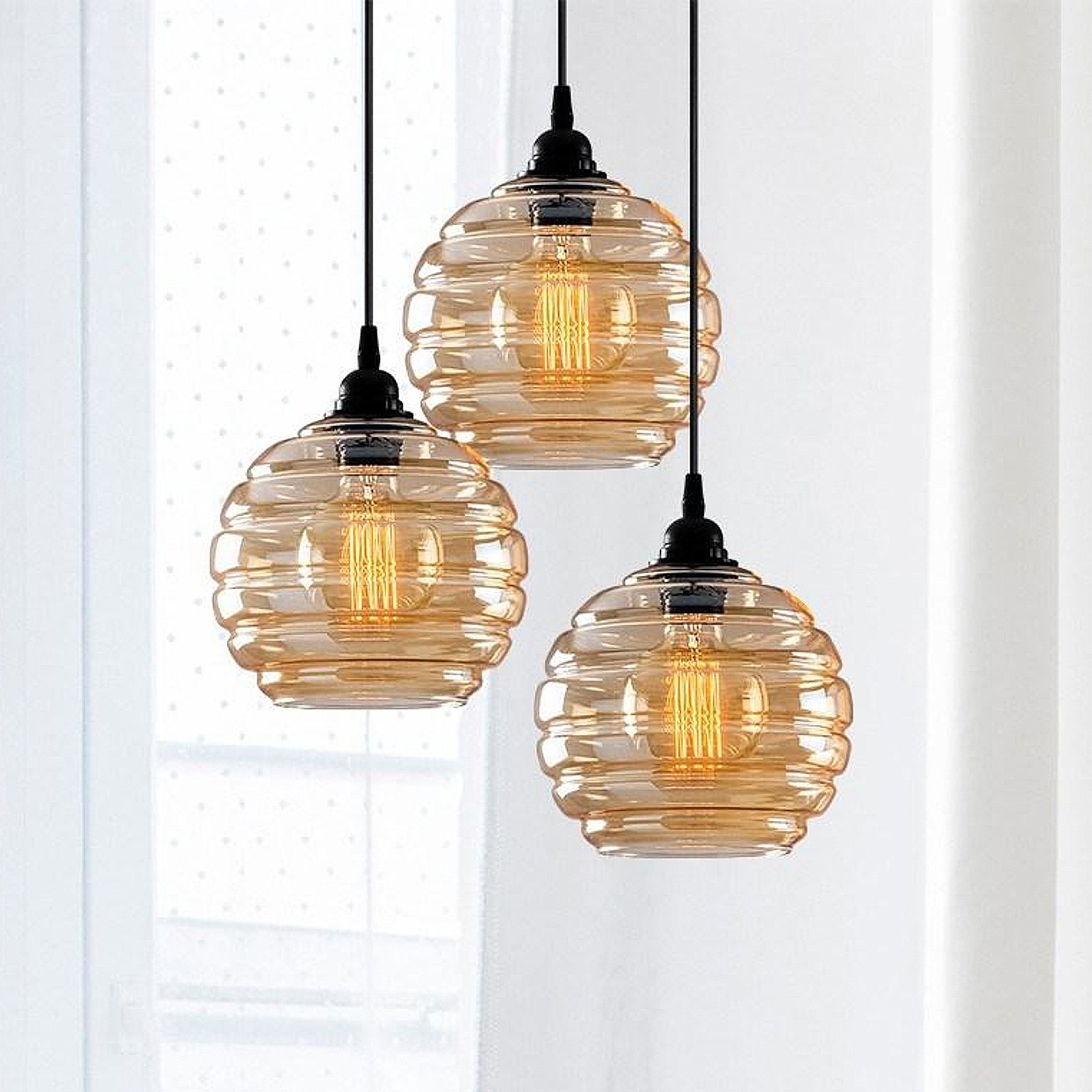 Suspension Gold 011, verre transparent doré, 3 lampes rondes