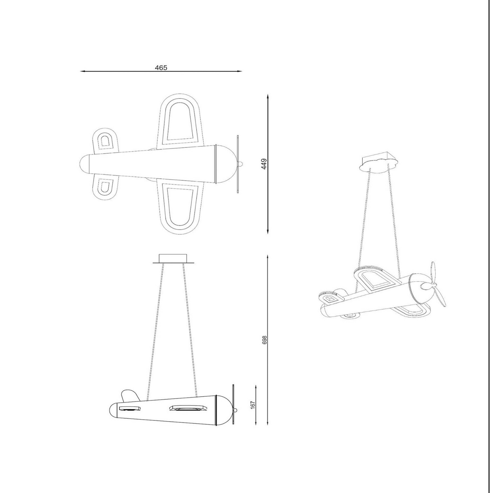 Candeeiro suspenso LED para quarto infantil Fokker, cinzento Comprimento 46 cm