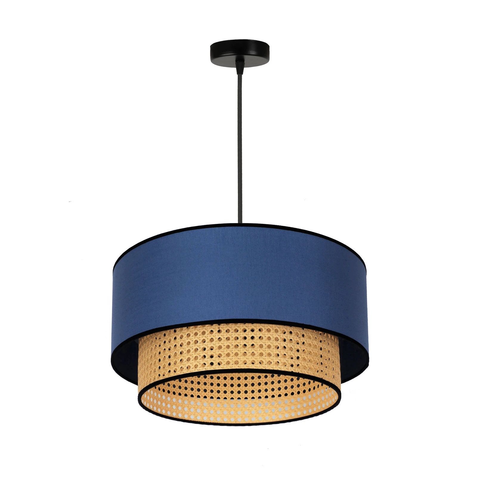 Boho-hanglamp, blauw/hout, Ø 45 cm, textiel/rotan