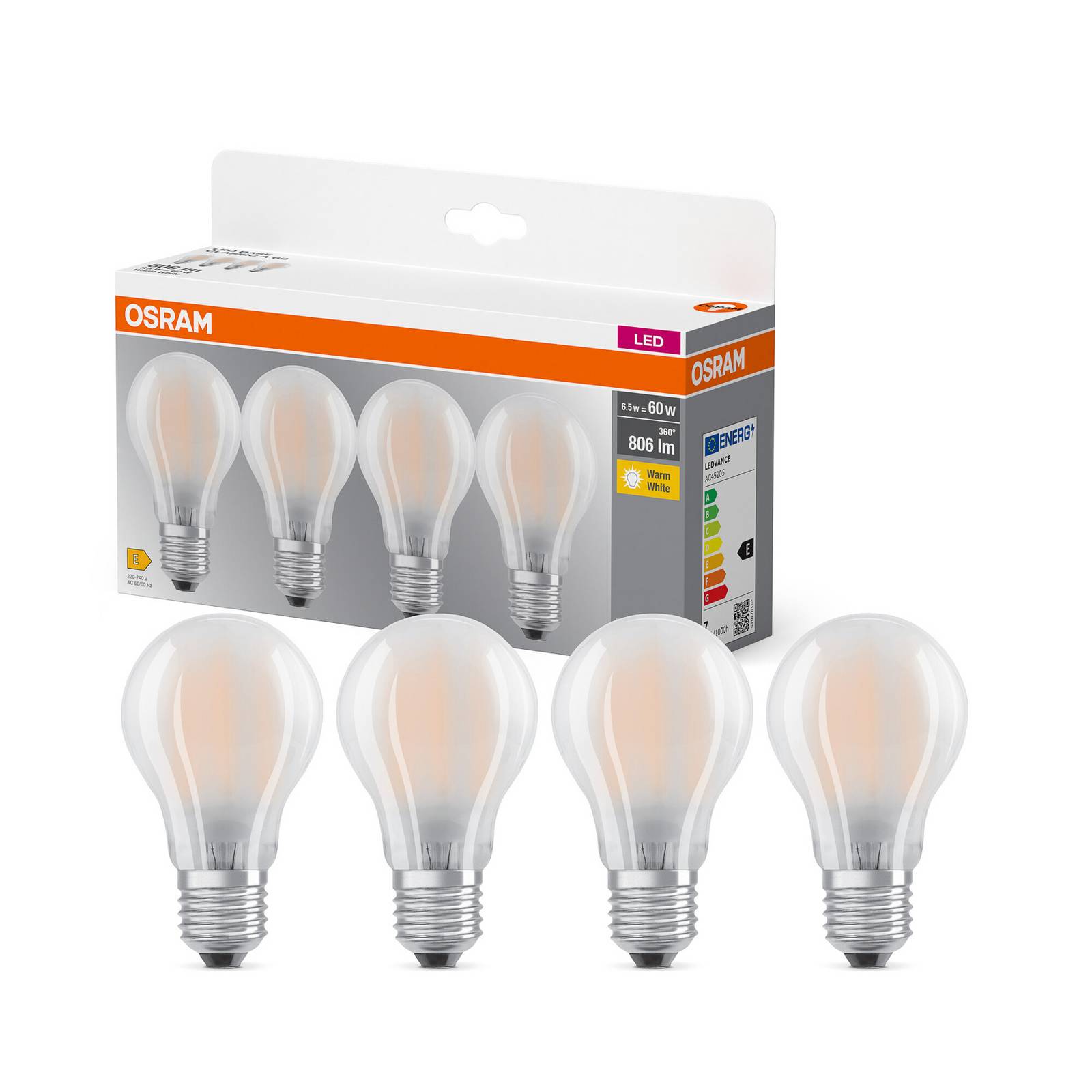 OSRAM LED-Leuchtmittel Birne matt E27 7W 827 4er-Pack