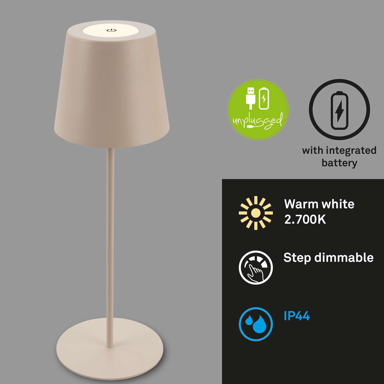 LED tafellamp 7508011, beige, 2.700 K IP44 touchdimmer