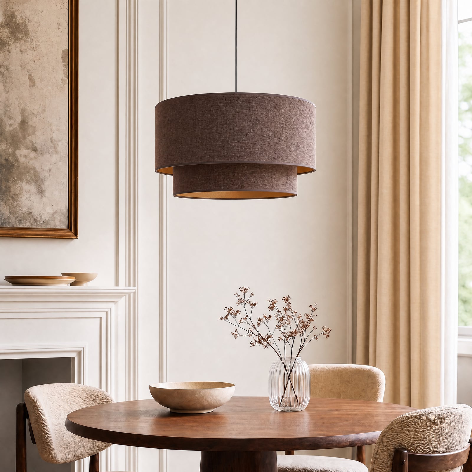 Lampada a sospensione Boho, marrone/oro, Ø 45 cm, tessuto, E27 - Duolla