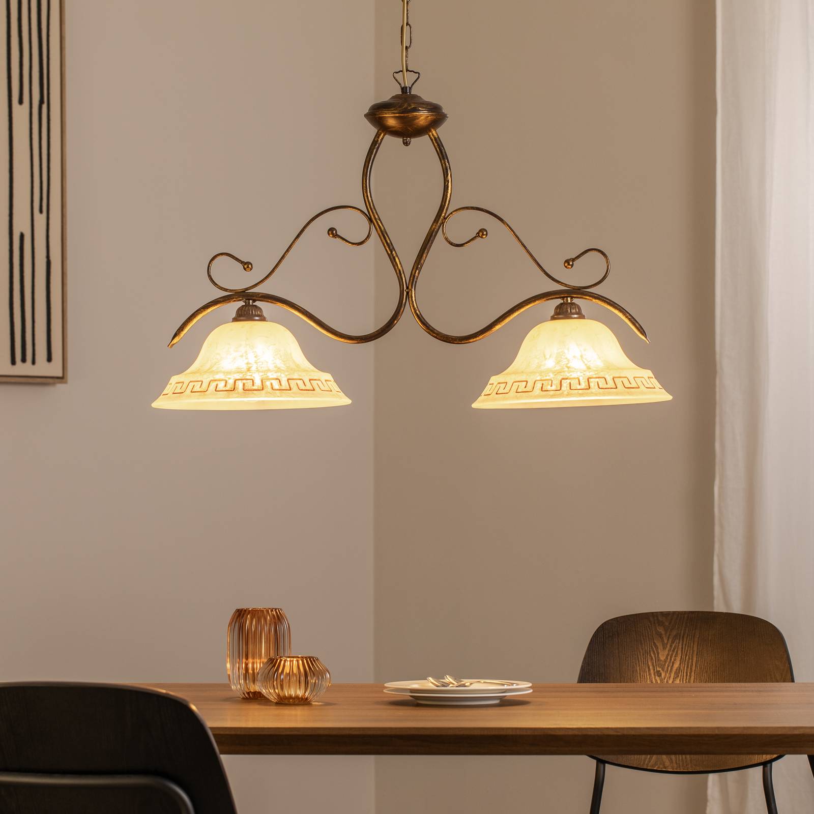 Hängelampe BILIARDO GIORGIO, creme/bronze, Glas/Eisen 2-flg. günstig online kaufen