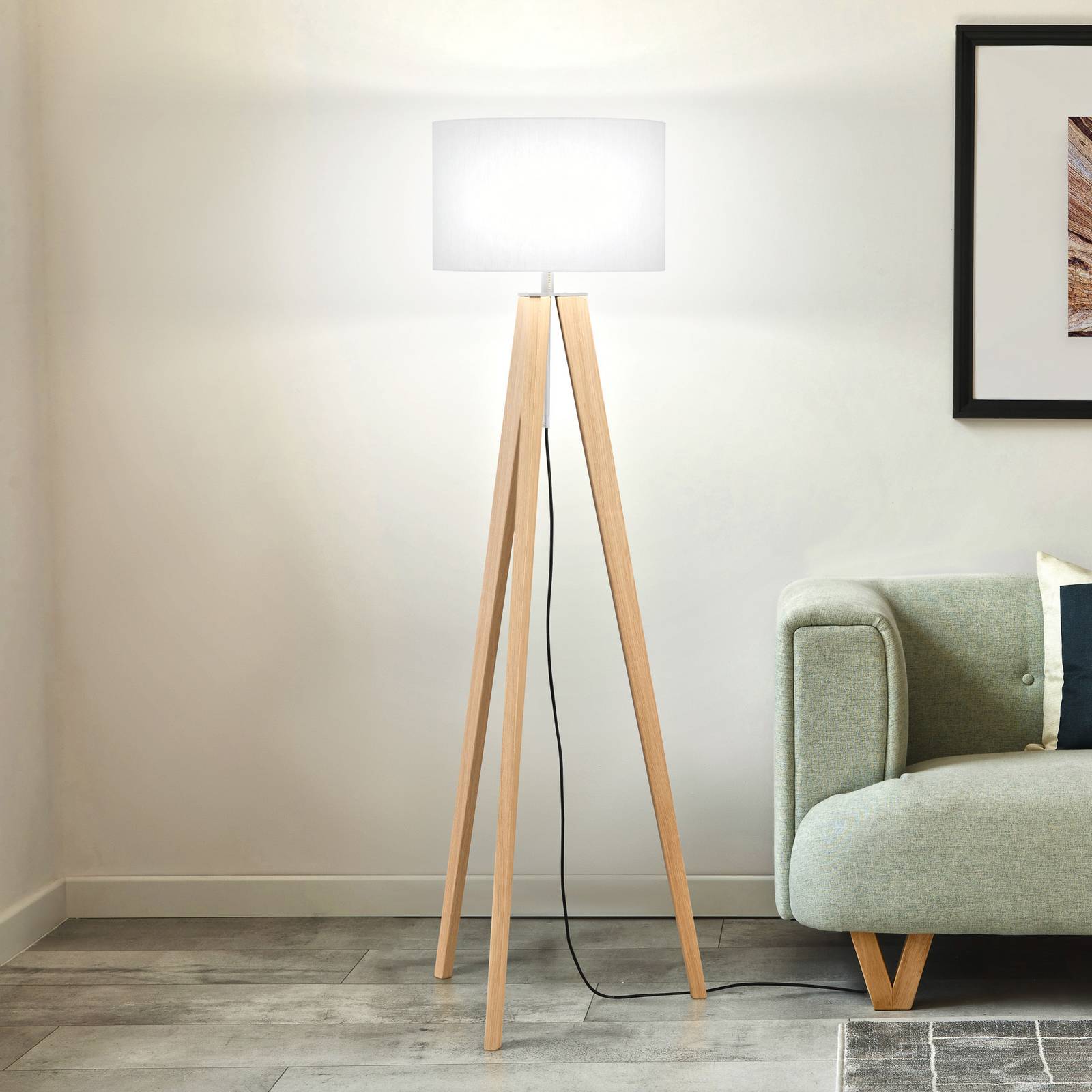 FISCHER & HONSEL Lampadaire SHINE-WOOD, blanc/nickel/chêne, hauteur 164 cm 3 x E27