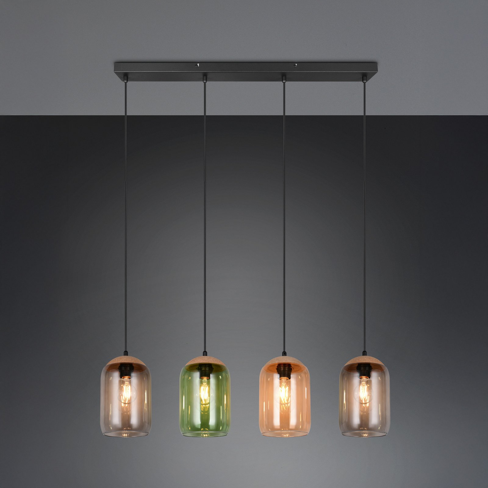 Cork pendant light, multicoloured, length 90 cm, 4-bulb glass/cork