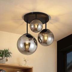 Plafón Lindby Teeja, ahumado, 3 luces, Ø47cm, cristal, E27