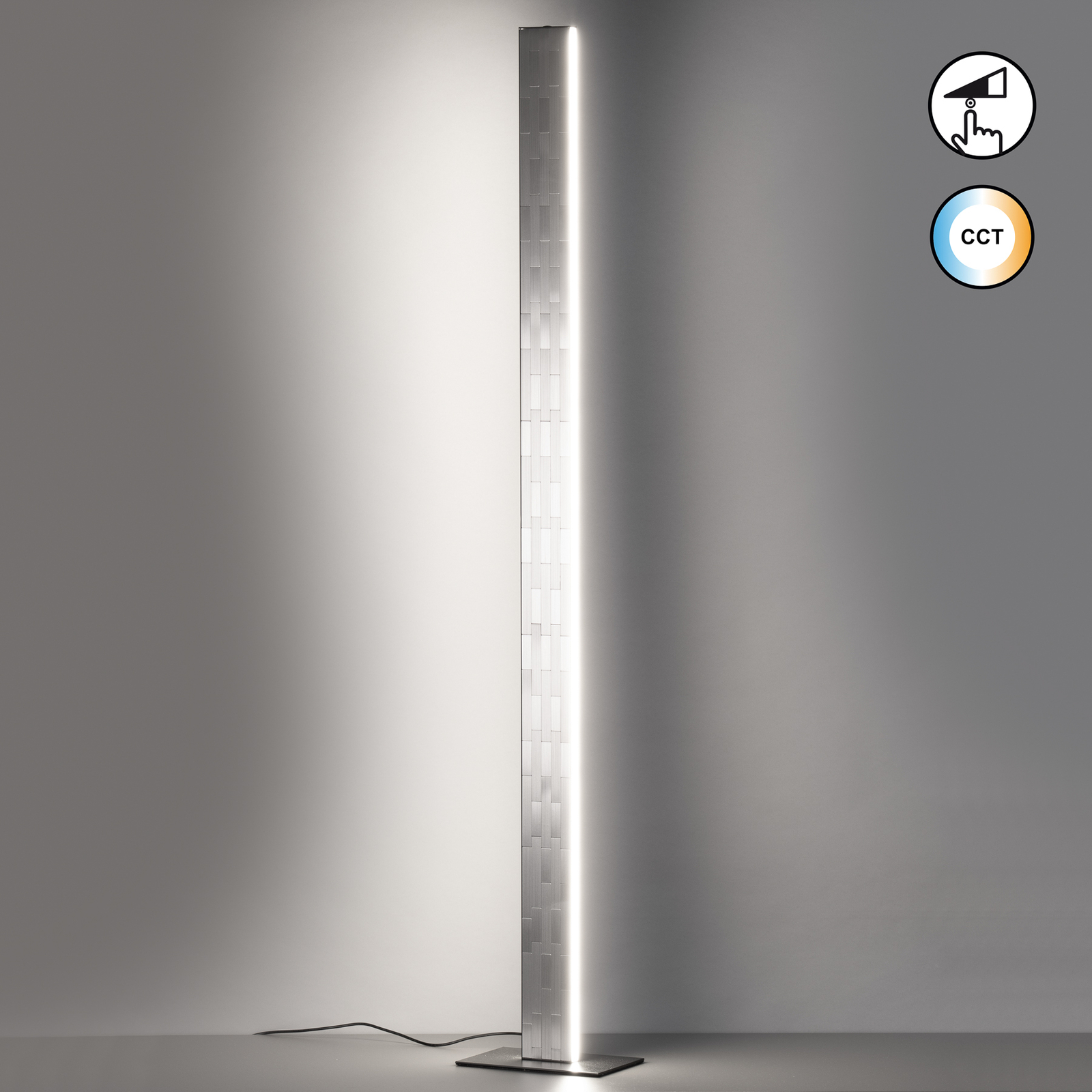 LED floor lamp Aluro, metal, nickel-coloured, CCT, dimmable