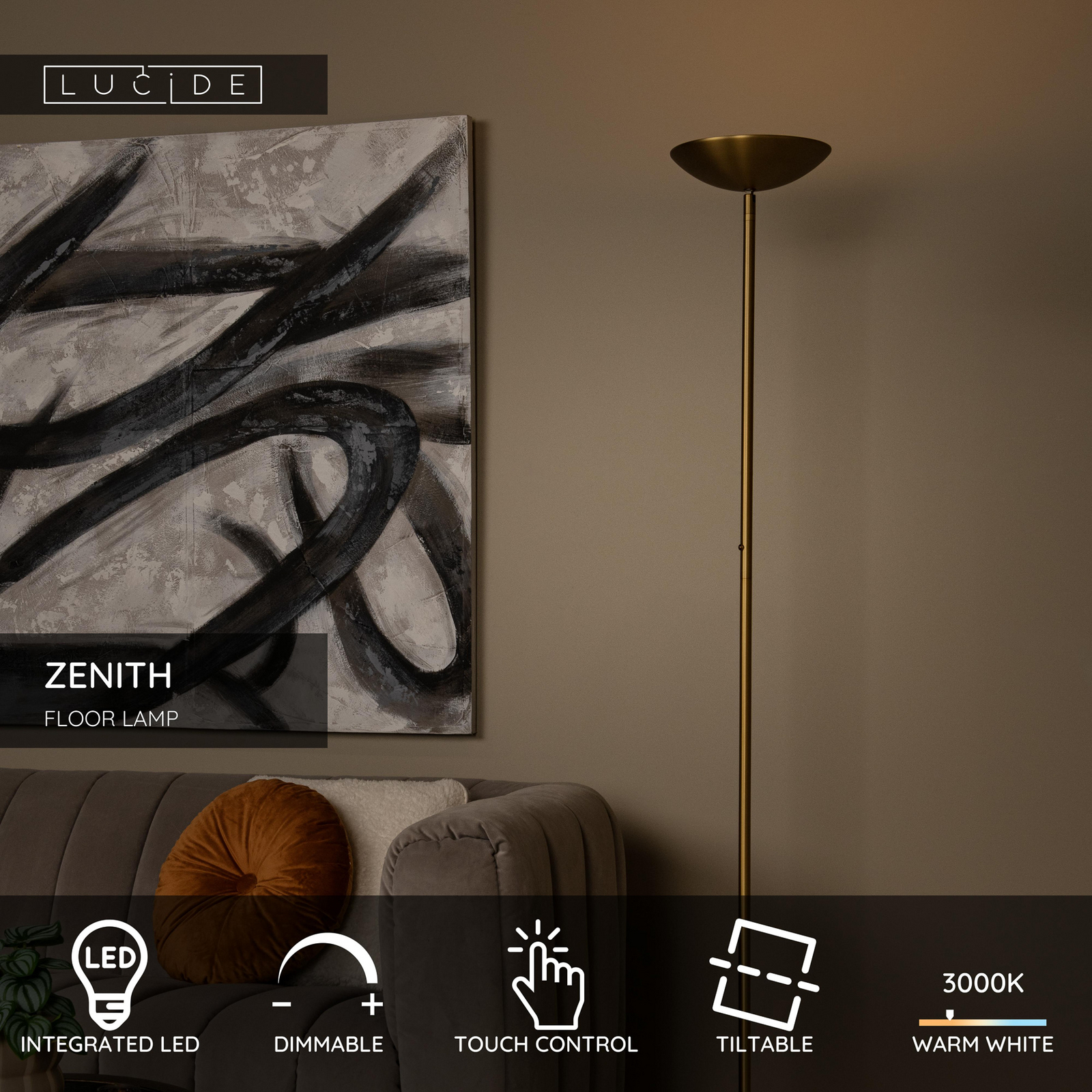 Piantana LED ZENITH, color oro, altezza 180 cm, metallo, dimmerabile Piantana LED ZENITH, color oro, altezza 180 cm, metallo, dimmerabile