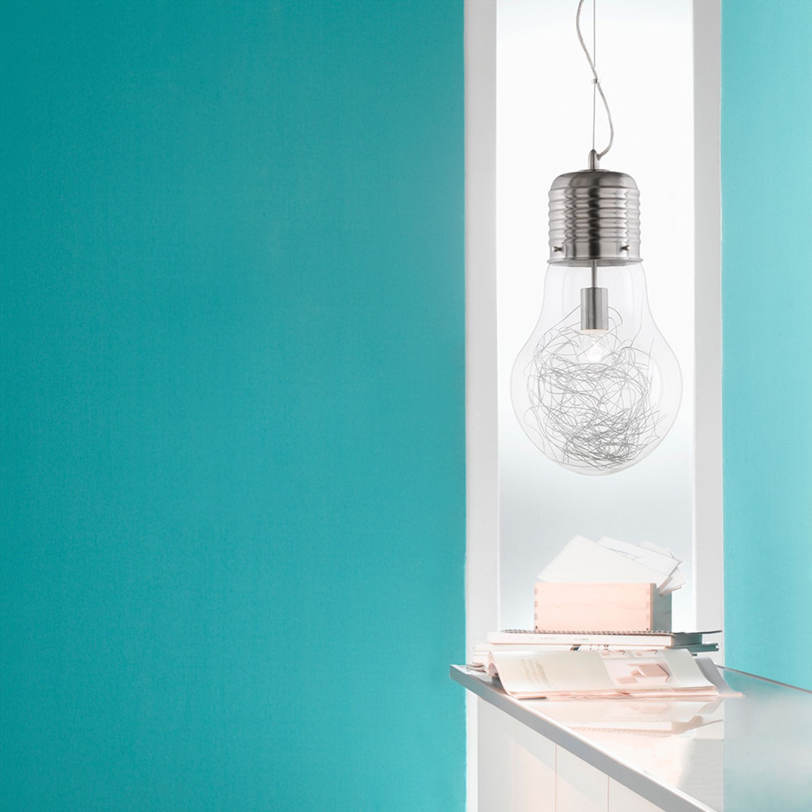Wofi Futura pendant light in bulb form, for Living / Dining Room, Glass, metal, E27, 60 W, energy efficiency: A++, H: 50 cm