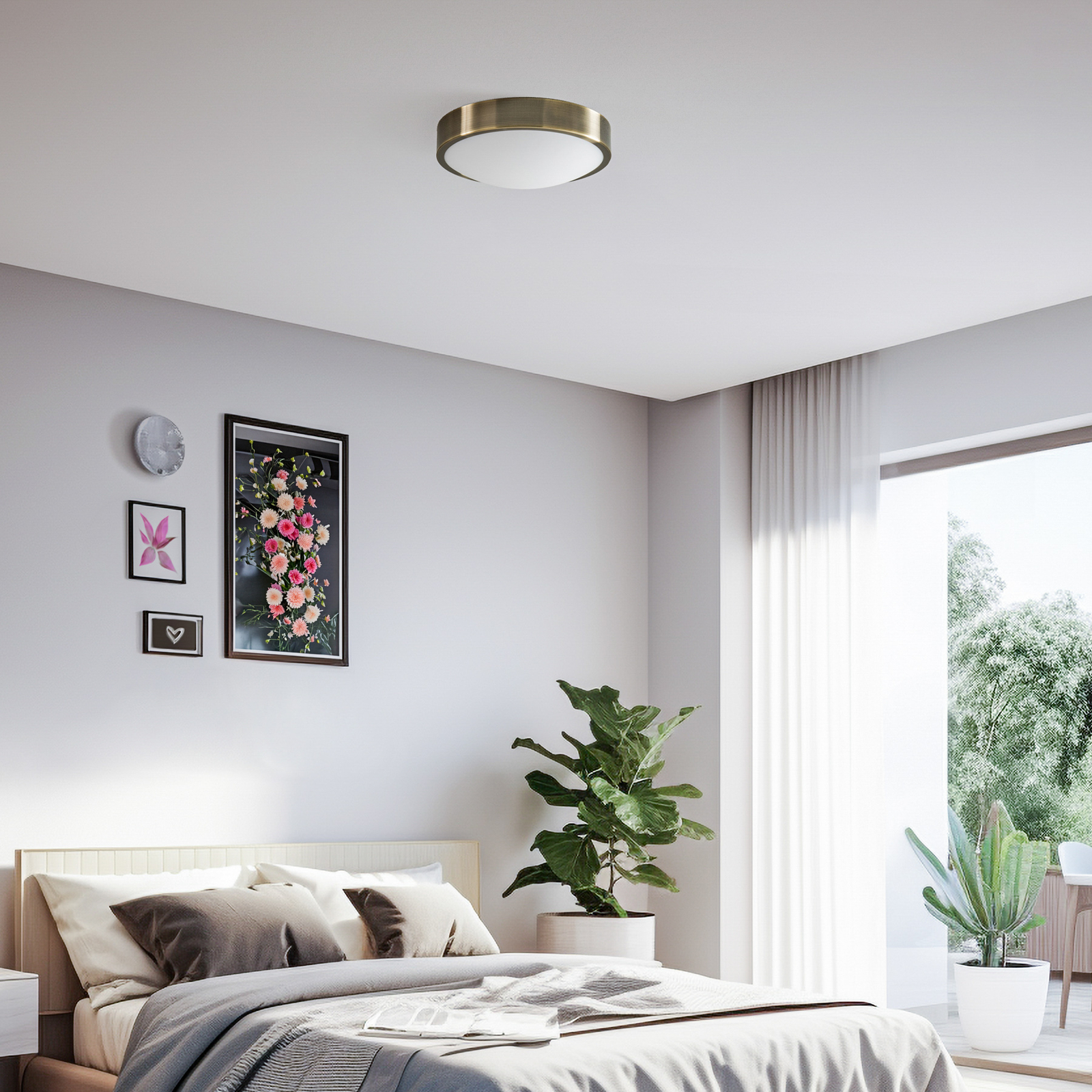 Φωτιστικό οροφής Jaris, καμπυλωτό γυαλί, Ø 26 cm, πατίνα