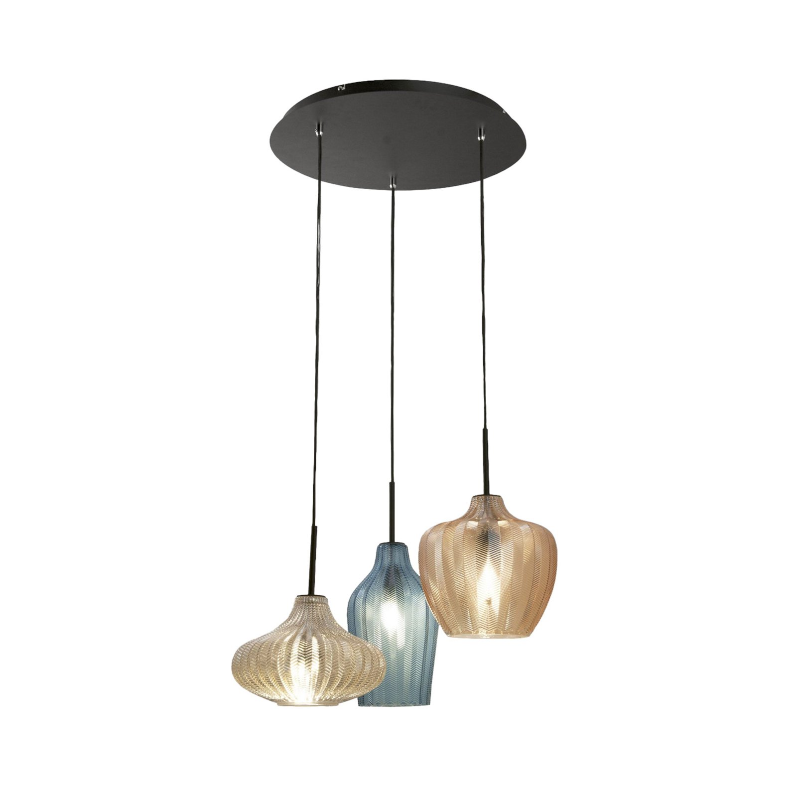 Olbia hanging light, Ø 50 cm, 3-bulb, amber/blue/beige, glass
