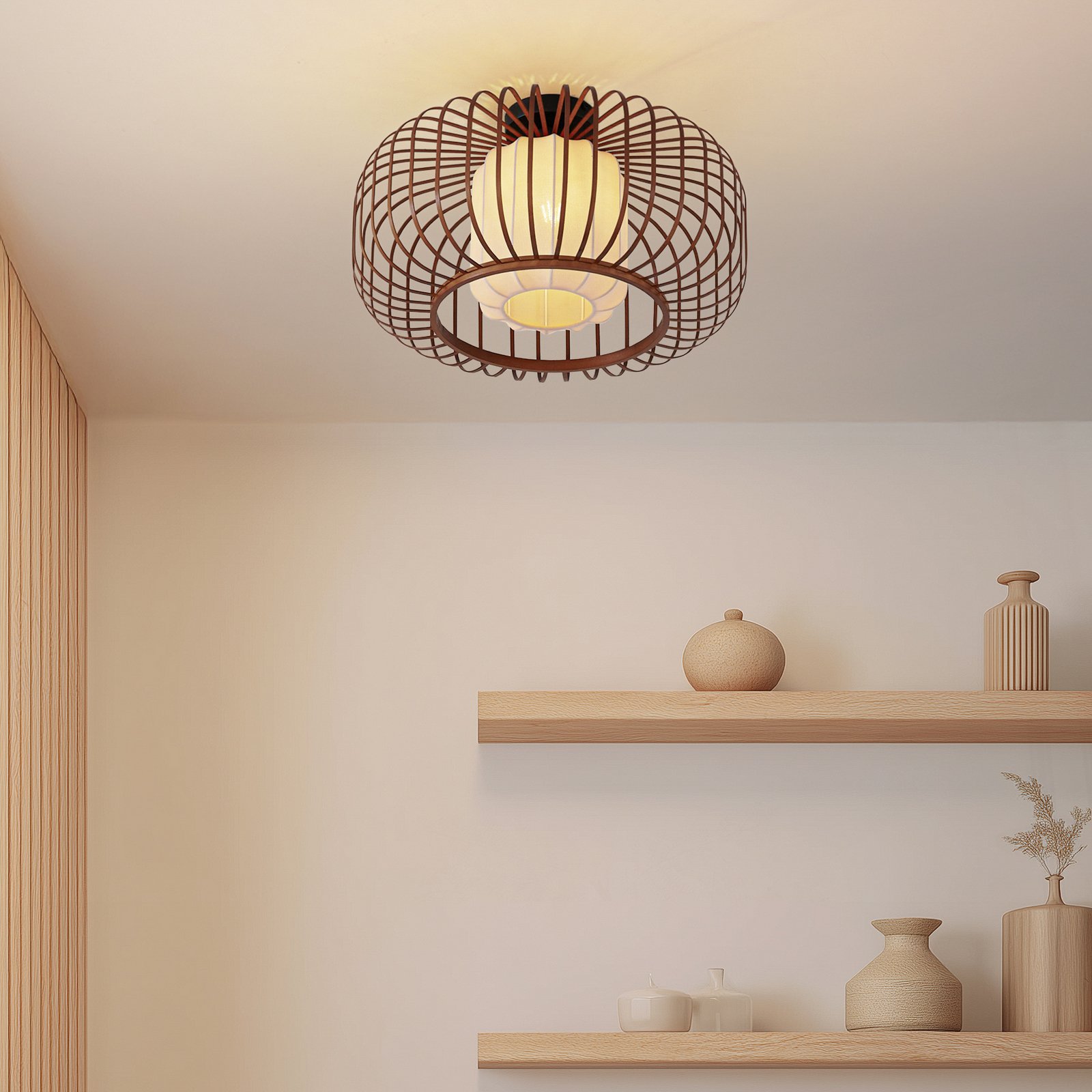 Stropní světlo Davella, Ø 50 cm, bambus, textil – Lindby