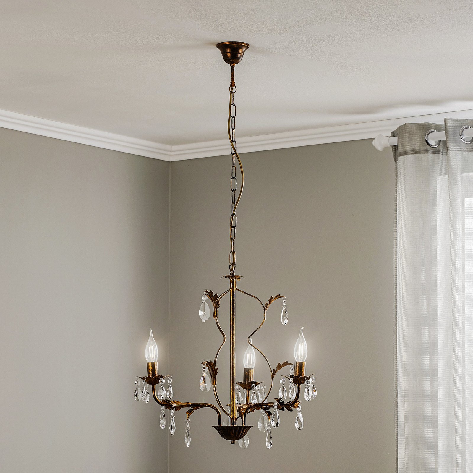 ONLI Candelabru Teresa cu cristale 3 becuri - Camera de zi / sufragerie - Antichitate - bronz antic transparent - Metal