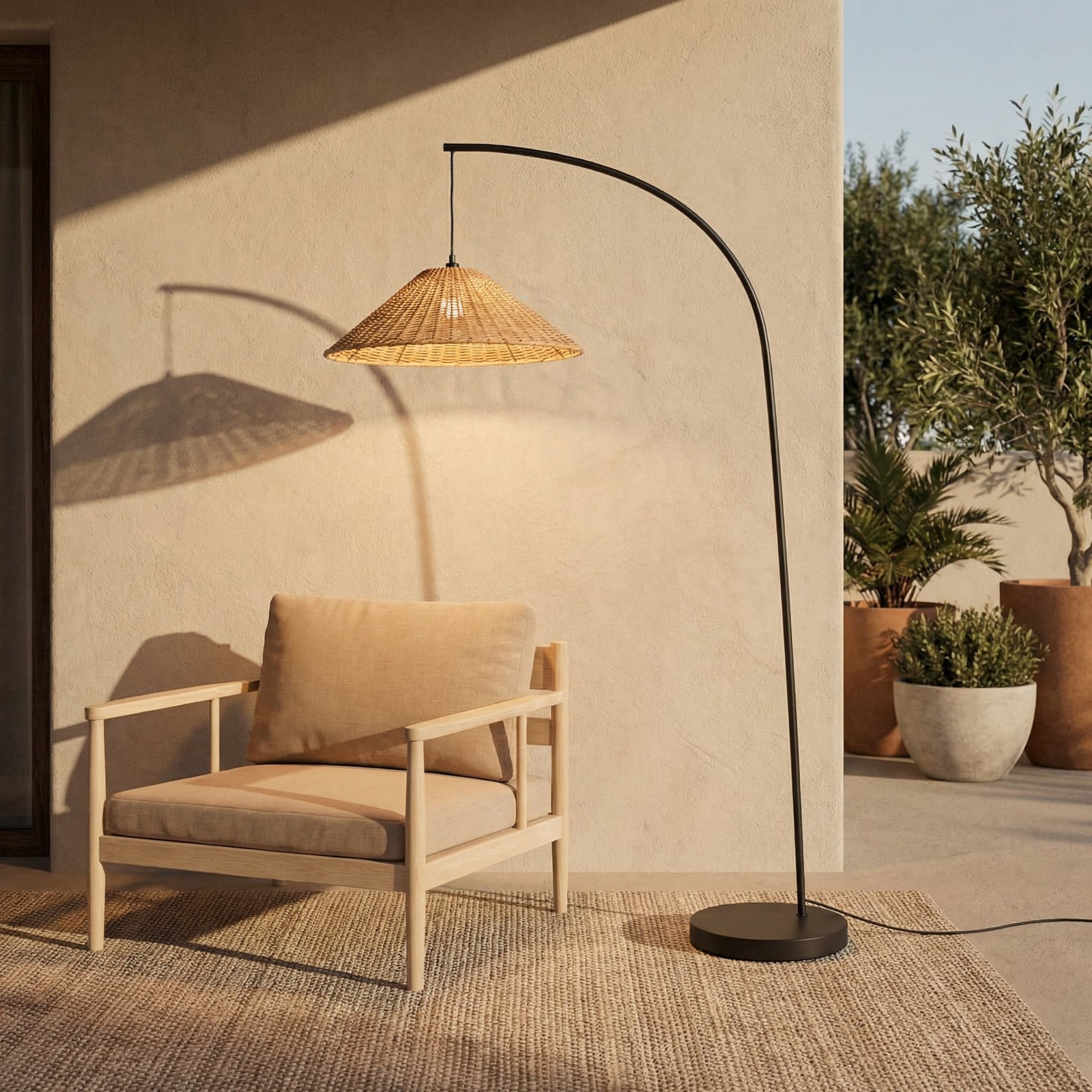 Taniola Außenstehlampe, 195 cm, E27, konisch, Rattan, IP44 Lucande - Terrasse - Landhaus / Rustikal - Holz - Einflammig
