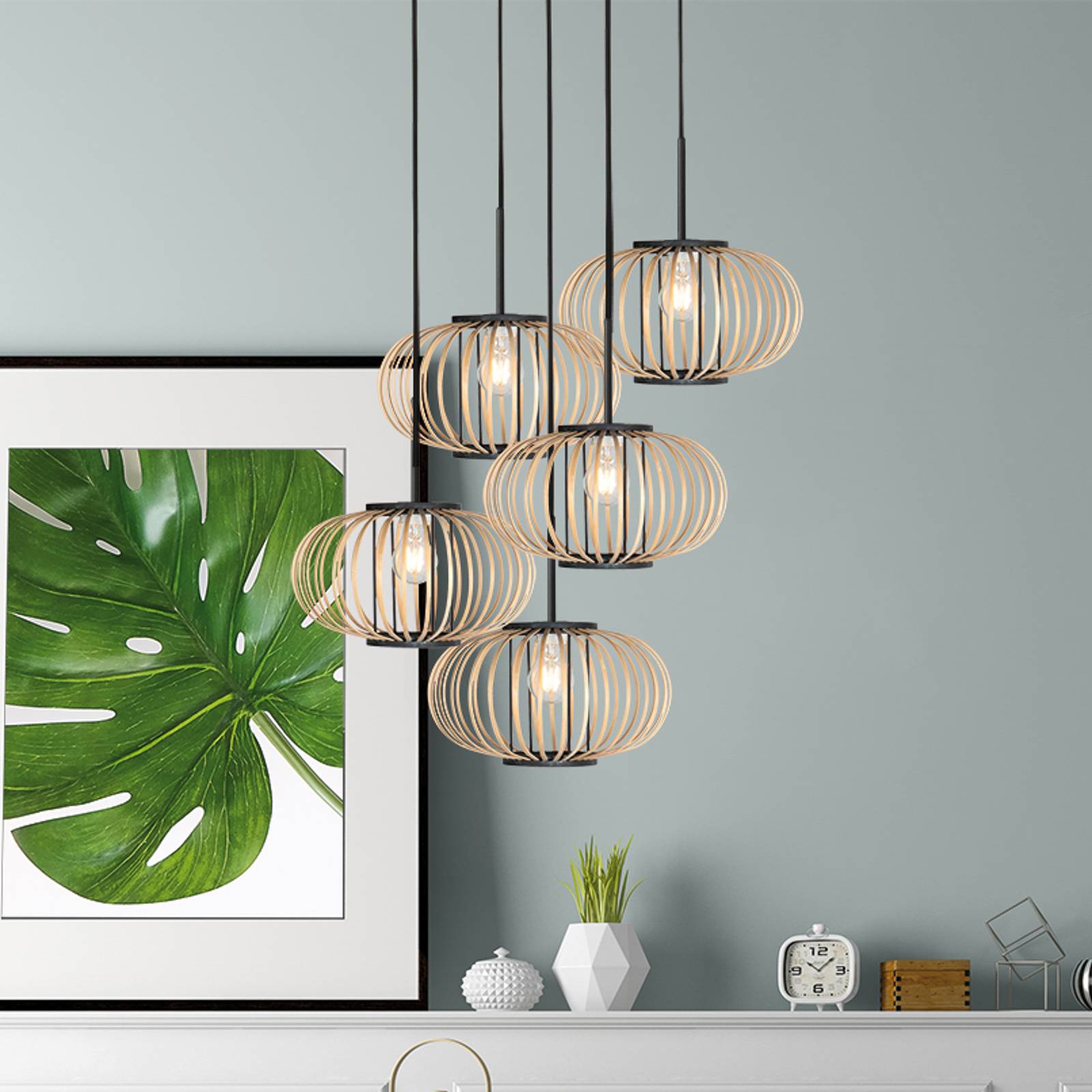 Anne Light Suspension Silva, à 5 lampes, ronde, noire, tiges en bambou