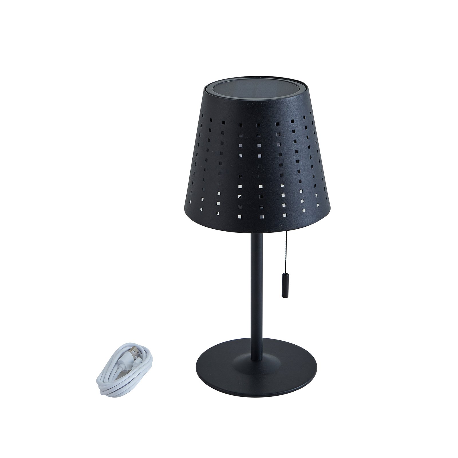 Lindby LED solární stolní lampa Hilario, černá, železo, dobíjecí baterie