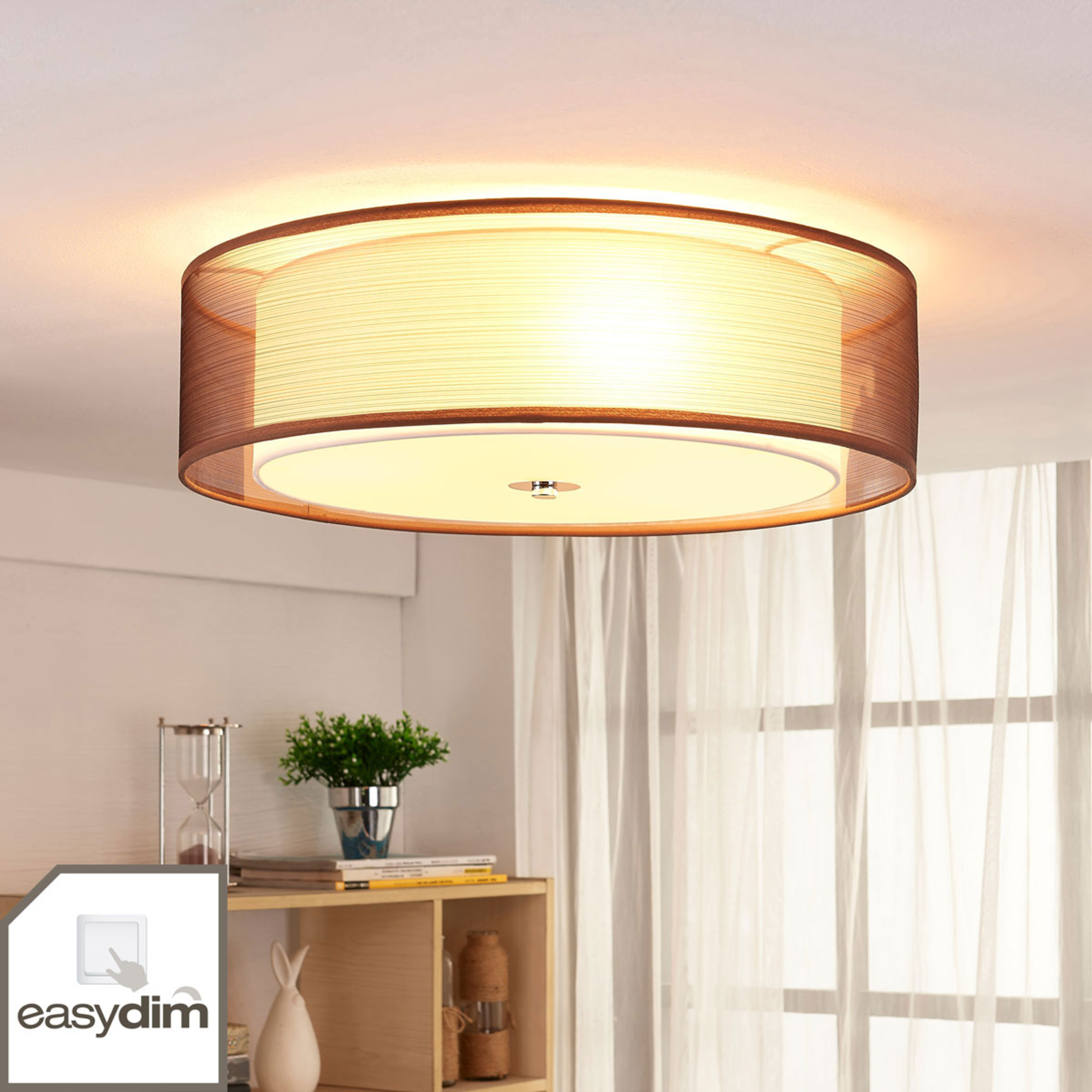 Lindby Brown LED fabric ceiling lamp Tobia, Easydim, for Living / Dining Room, fabric, metal, glass, E27, 10 W, energy efficiency: A+, H: 14.5 cm
