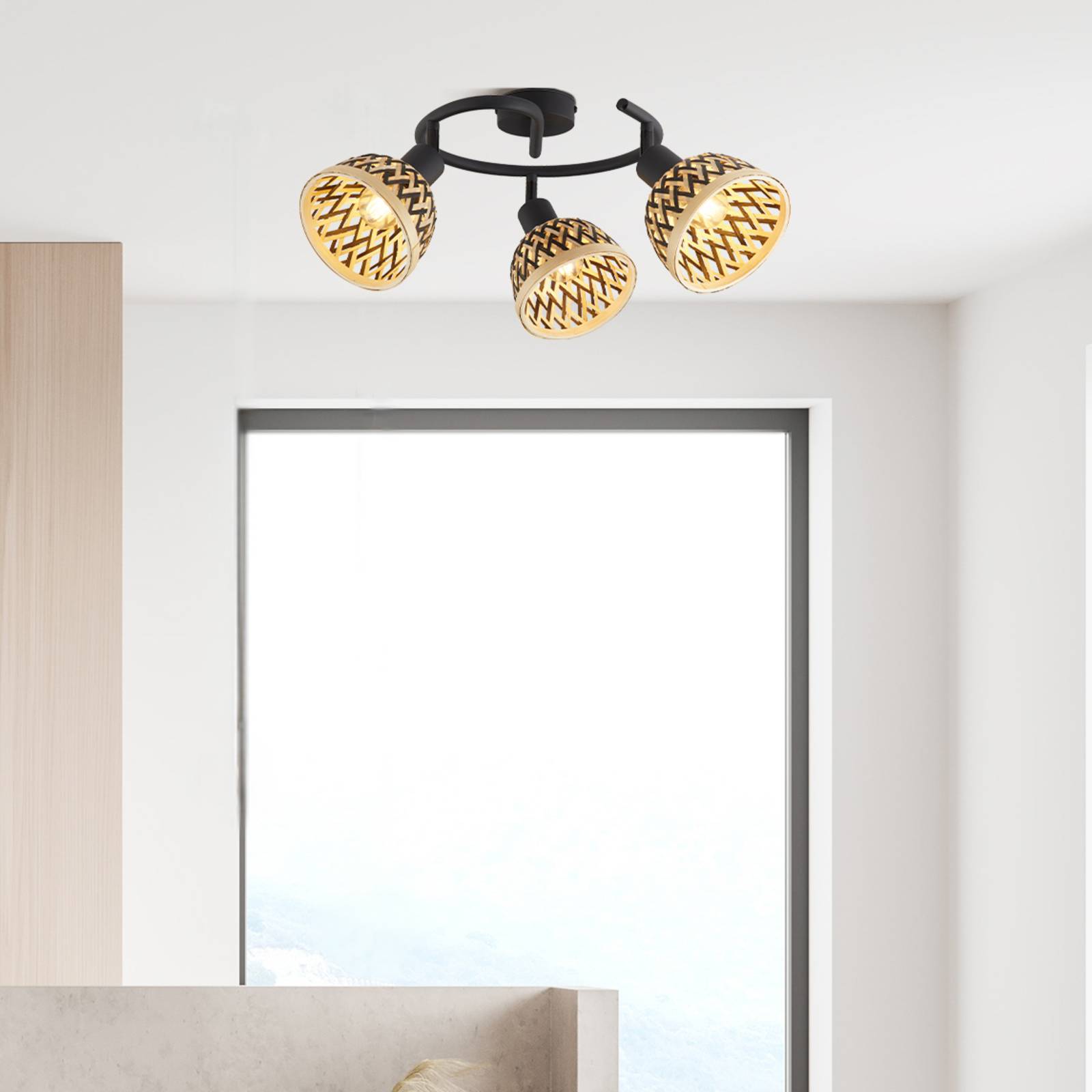 searchlight plafonnier lance, 3 lampes, bambou