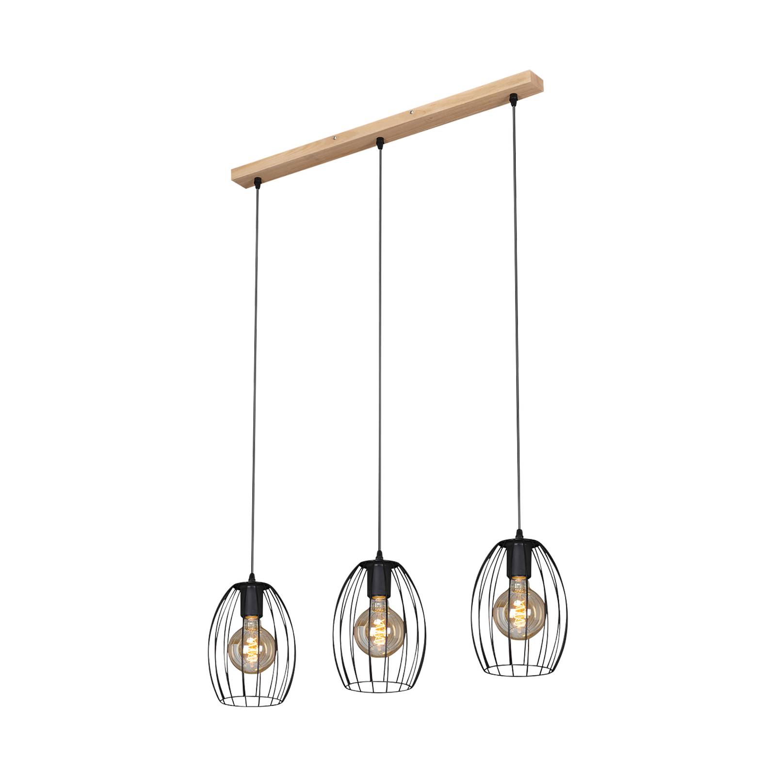 Suspension Waktu Vintage noire/bois à 3 lampes