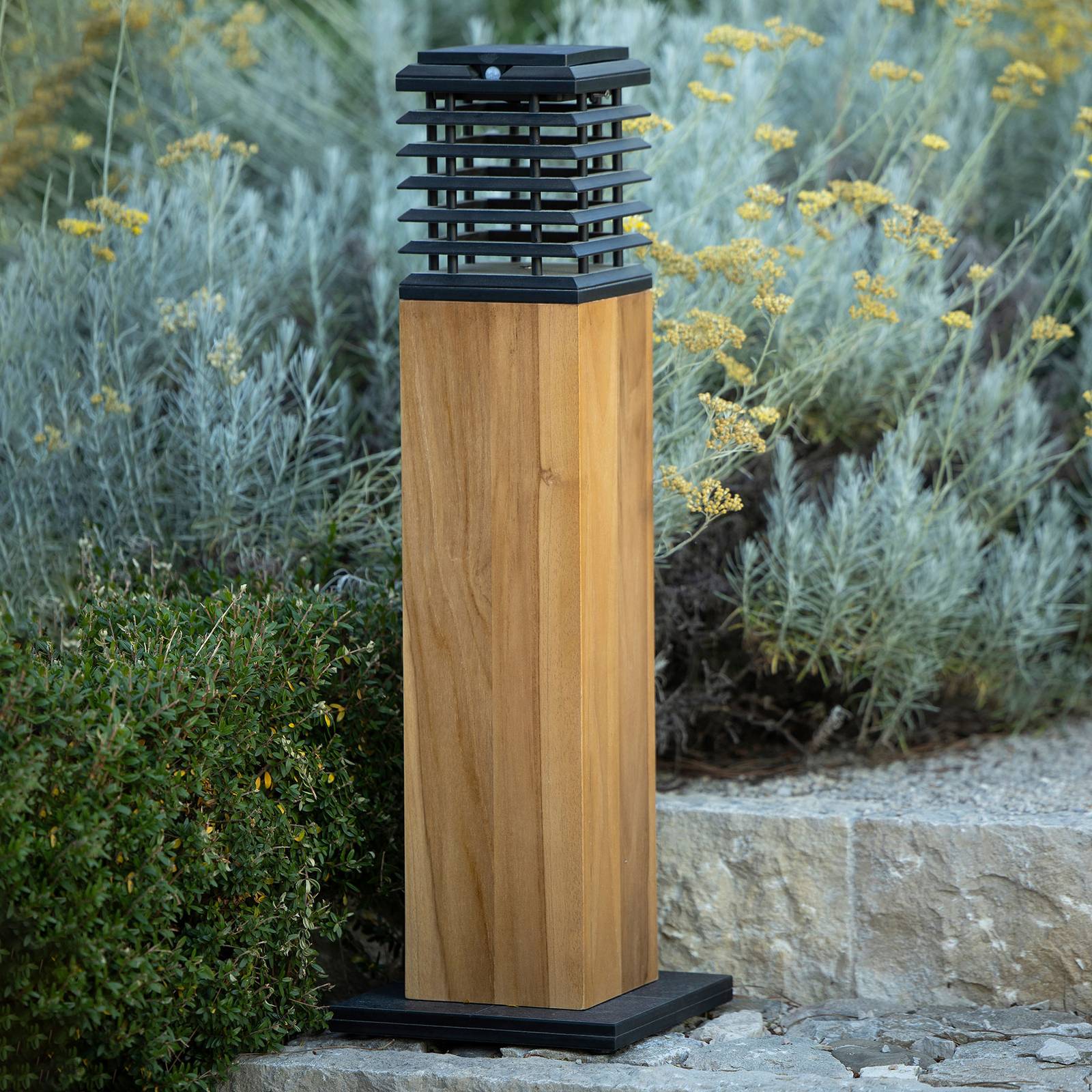 Les Jardins Tekura LED solar path light, natural teak/grey - Solar Light - Outdoor Bollard / Path Light - dimmable - Brown