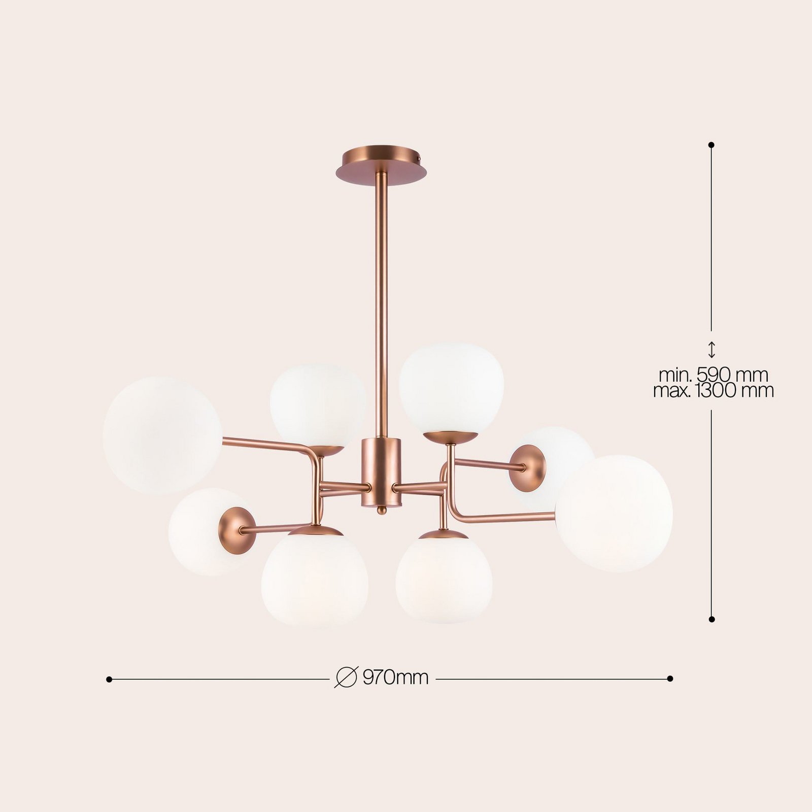 Maytoni Erich chandelier, brass rosé, glass/metal, 8-bulb