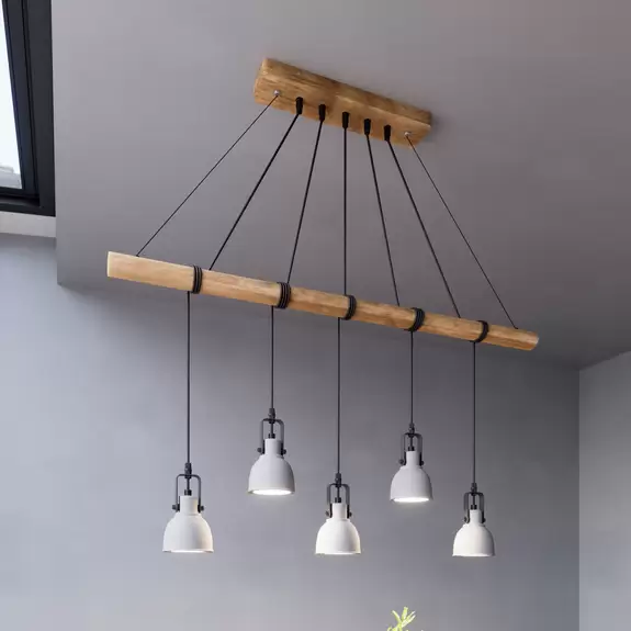 Lampenwelt Lindby Hängeleuchte Mitis, Beton, Holz, 100 cm lang, GU10