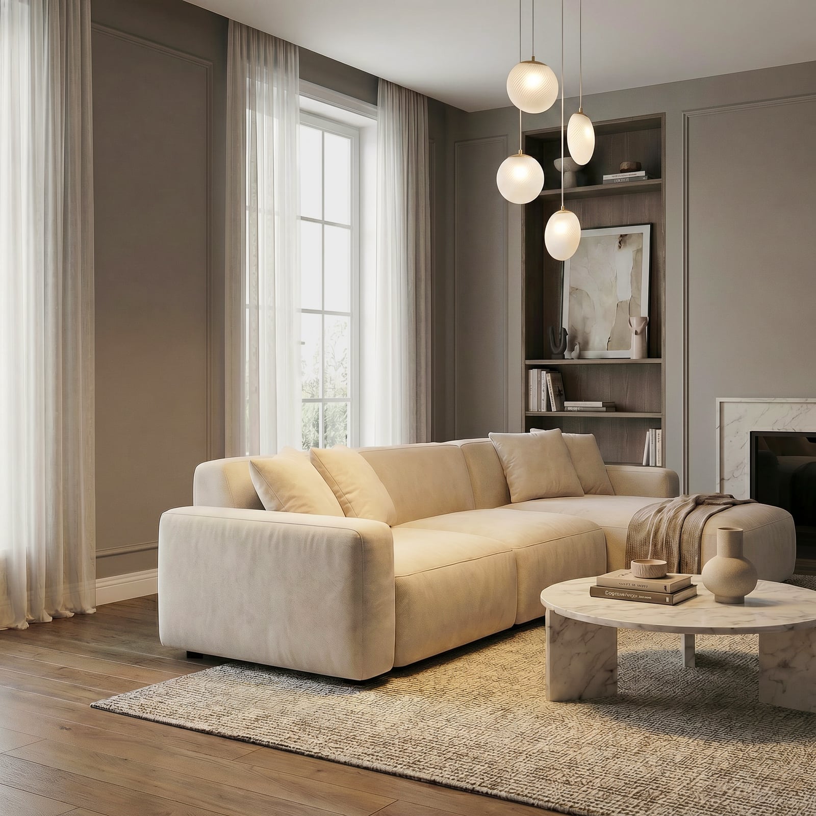 Suspension Lunelle, Ø 40 cm, à 4 lampes, laiton, verre - Lucande