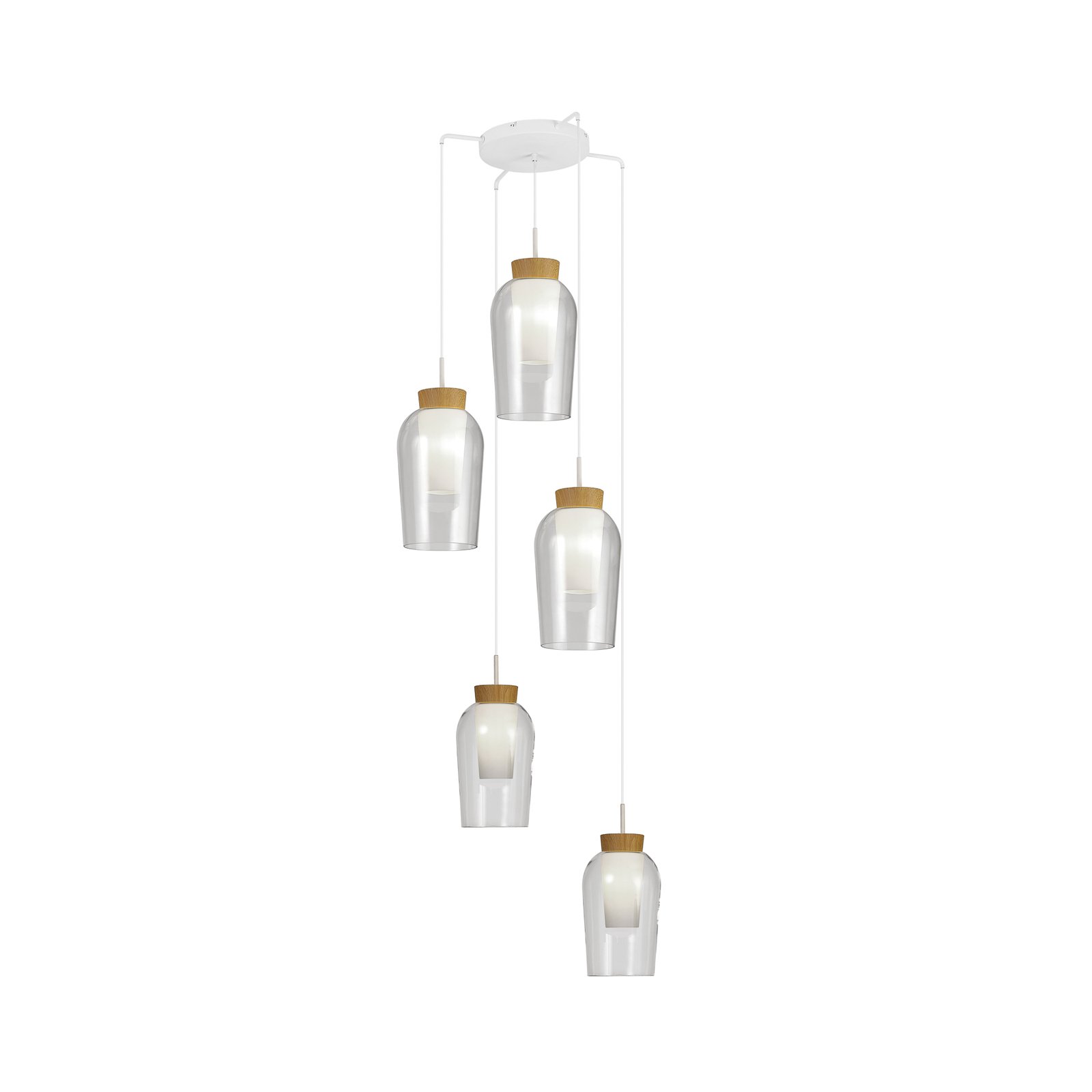 Candeeiro suspenso Nora, branco, transparente, 5 lâmpadas, redondo, vidro