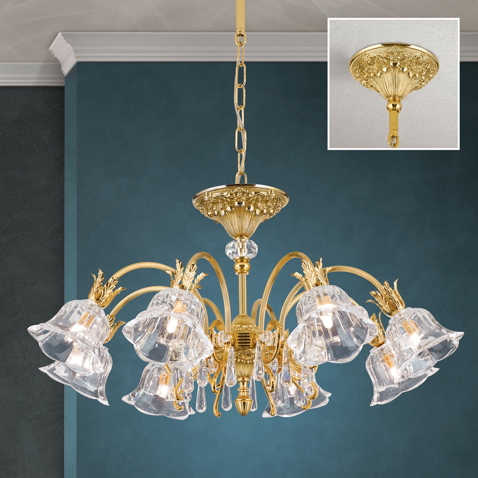 Kaisa glossy gold ceiling light with 8 bulbs