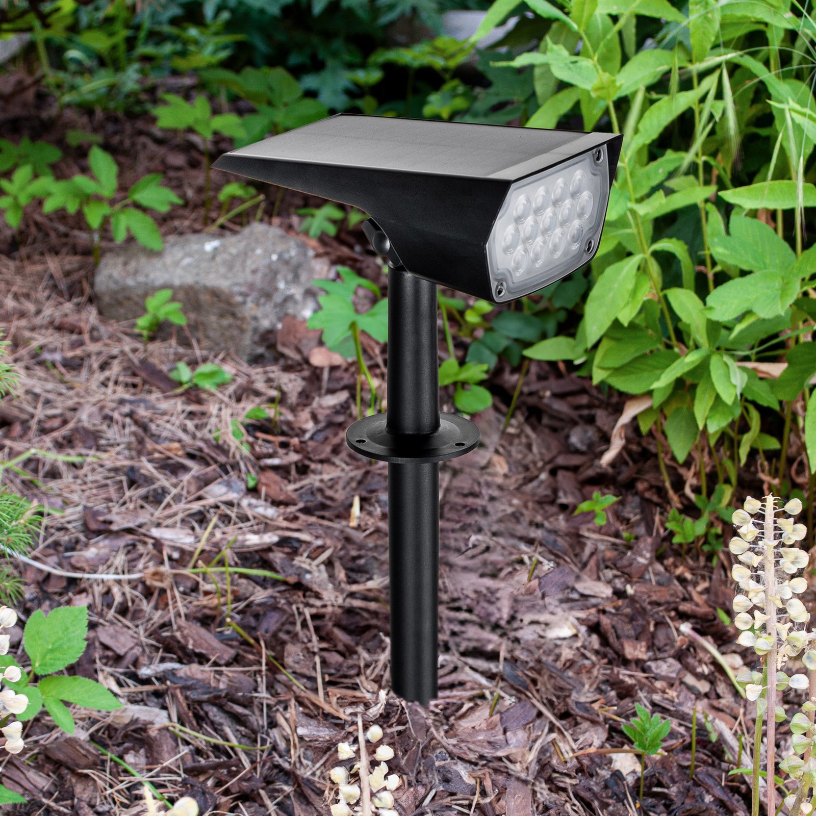 Prios LED solar spotlight Helier, 49 cm, black, ground spike