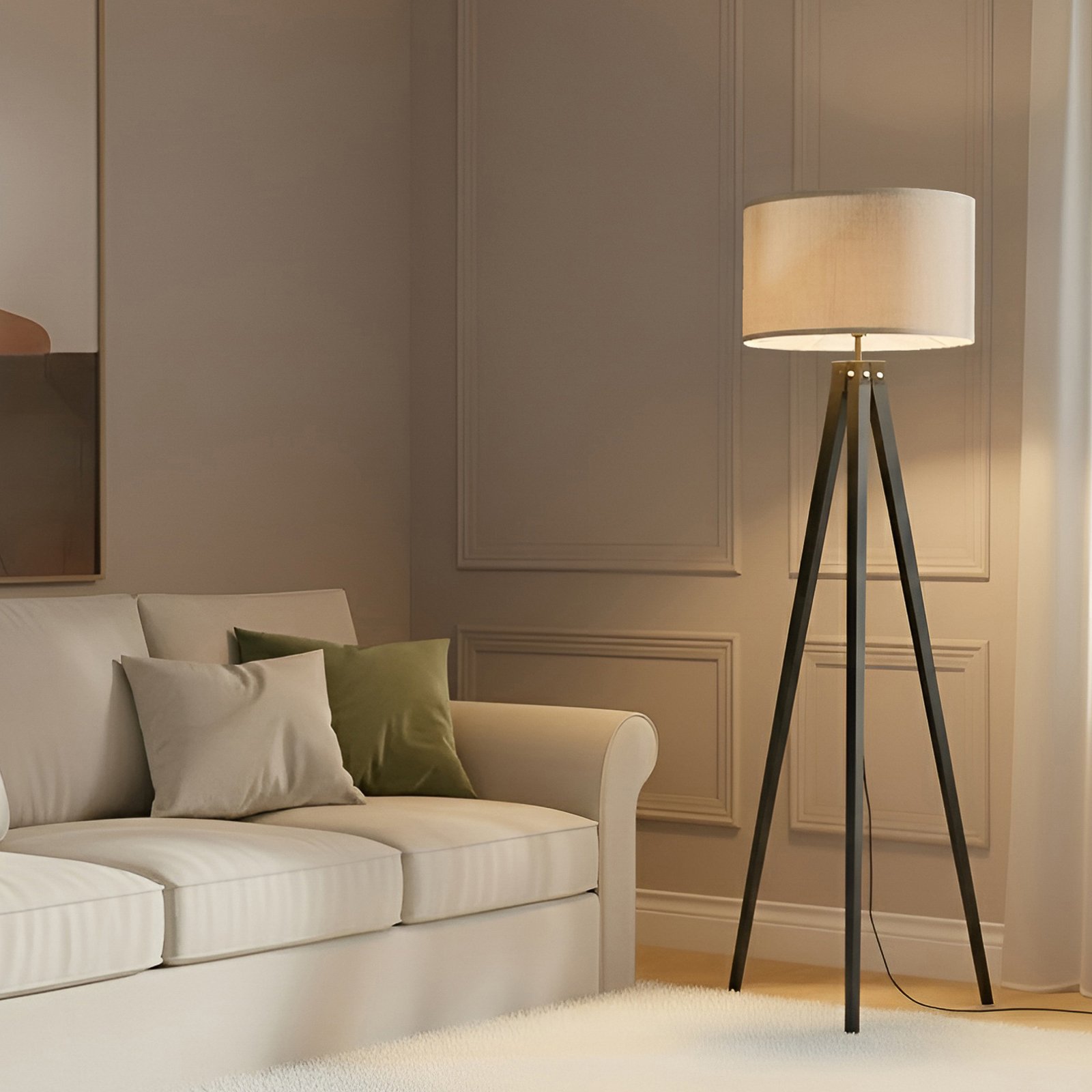 Lindby Stehleuchte Herry, schwarz, Holz, Dreibein, 153 cm