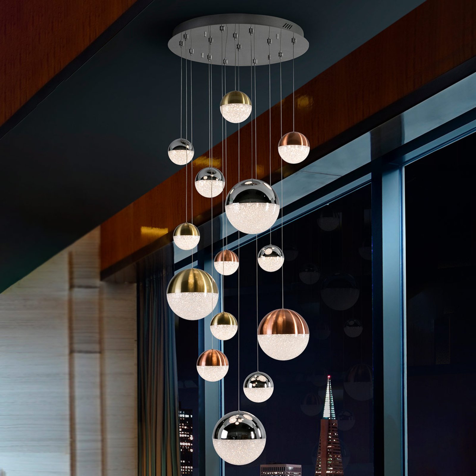 Sphere LED hanging light multicoloured 14-bulb app