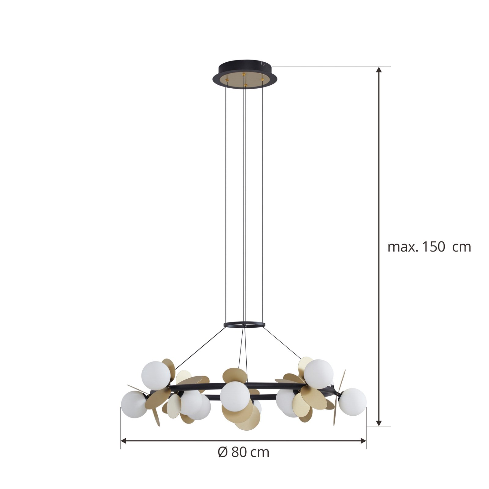 Lucande LED hanging light Pallo, 12-bulb, black/gold, glass